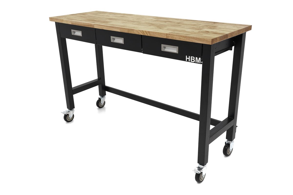 HBM banco de trabajo 152 cm con 3 cajones, móvil, encimera de madera maciza, negro