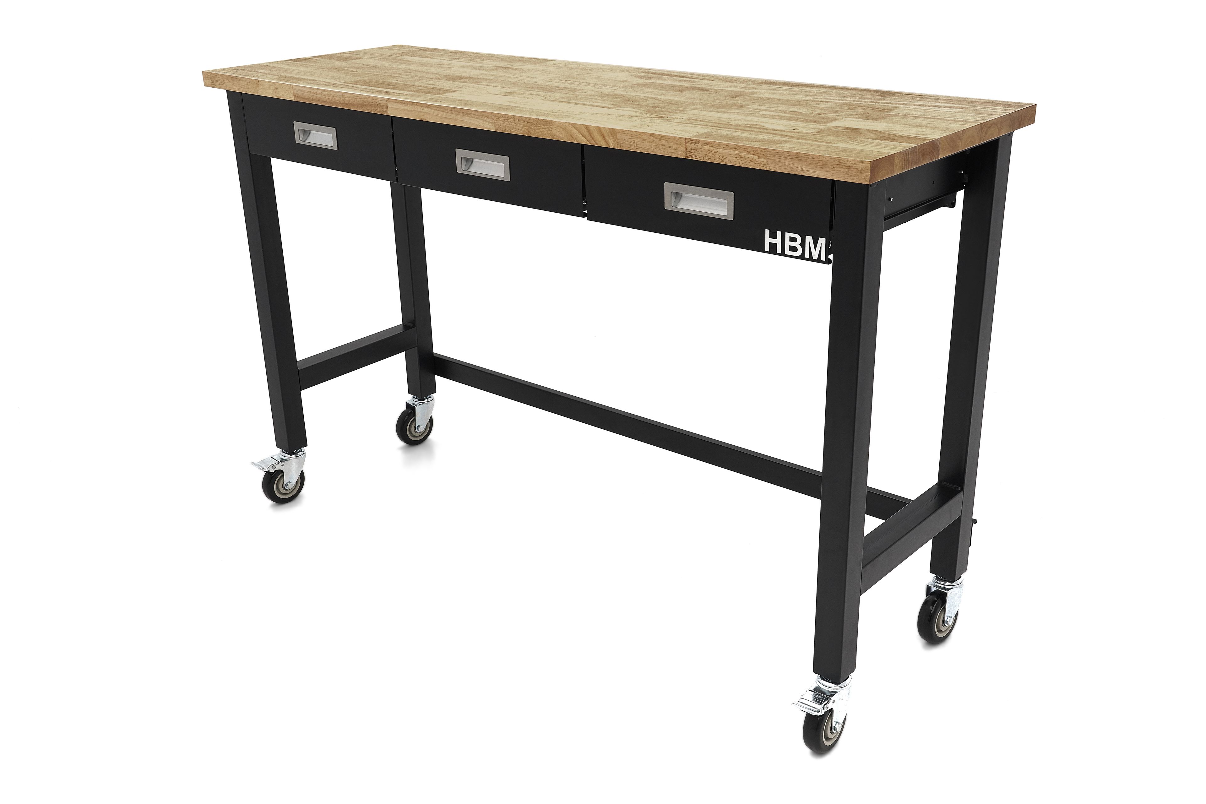 HBM werkbank 152 cm verrijdbaar met 3 laden, massief houten werkblad, zwart