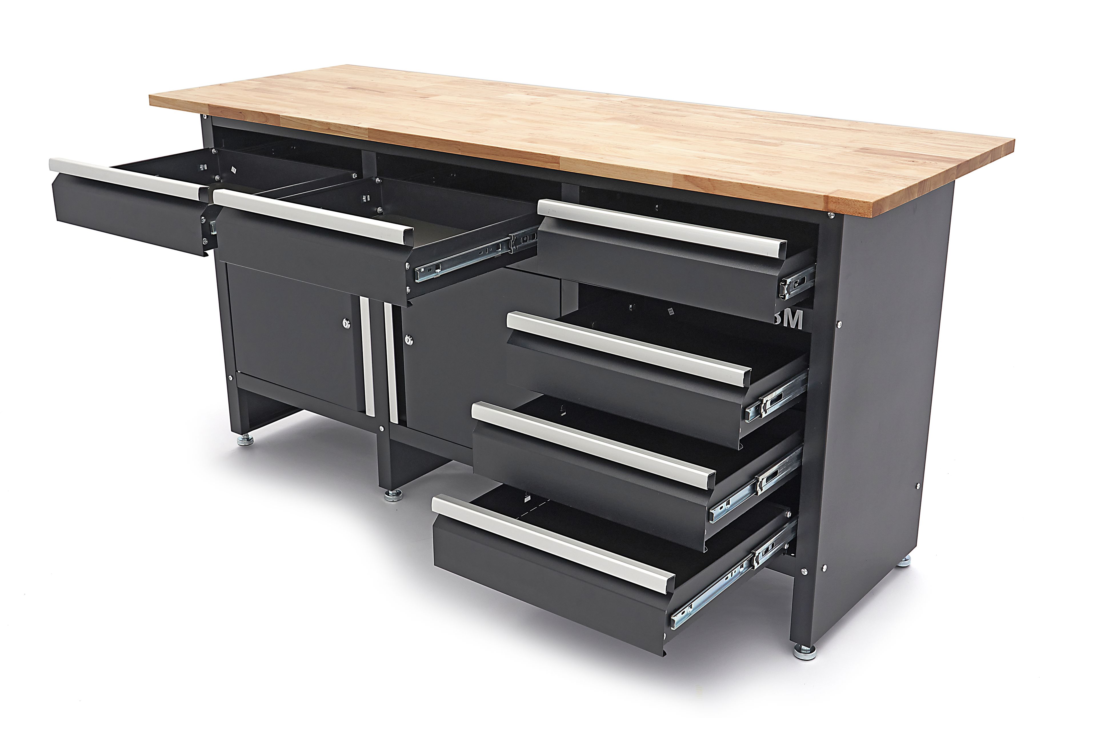 HBM Werkbank 171 cm mit 6 Schubladen und 2 Türen, massive Holzarbeitsplatte, schwarz Image 5