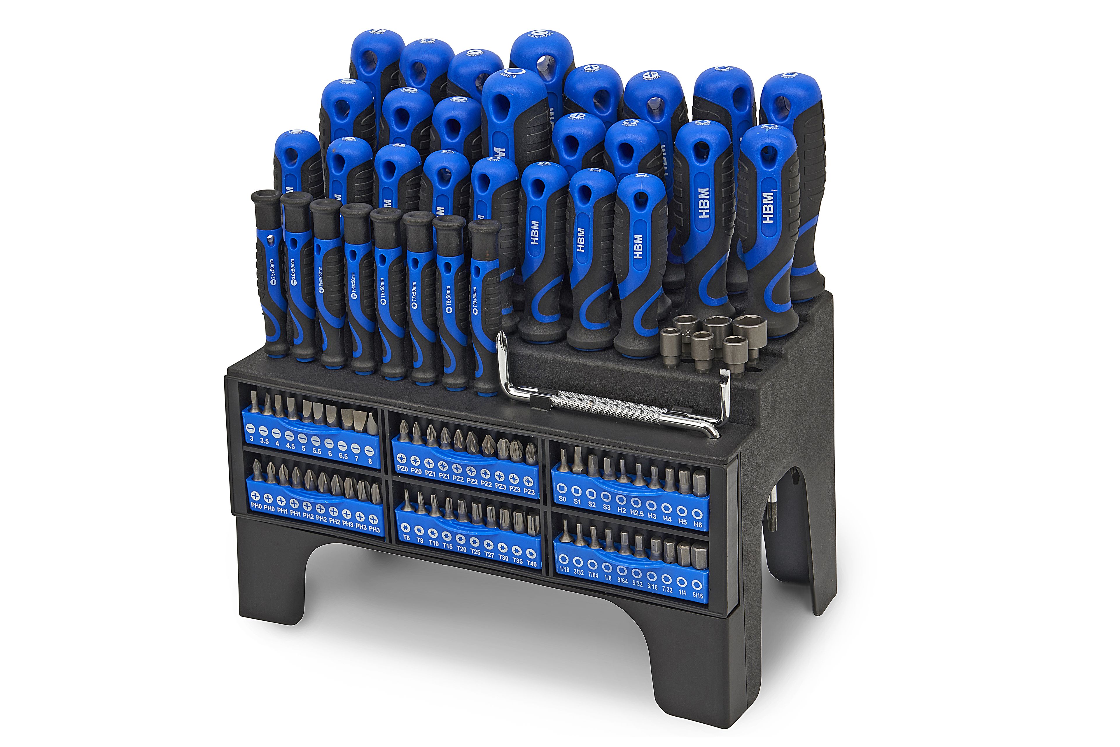 Juego de destornilladores HBM Profi de 100 piezas con agarre suave, juego de llaves de vaso y puntas con soporte