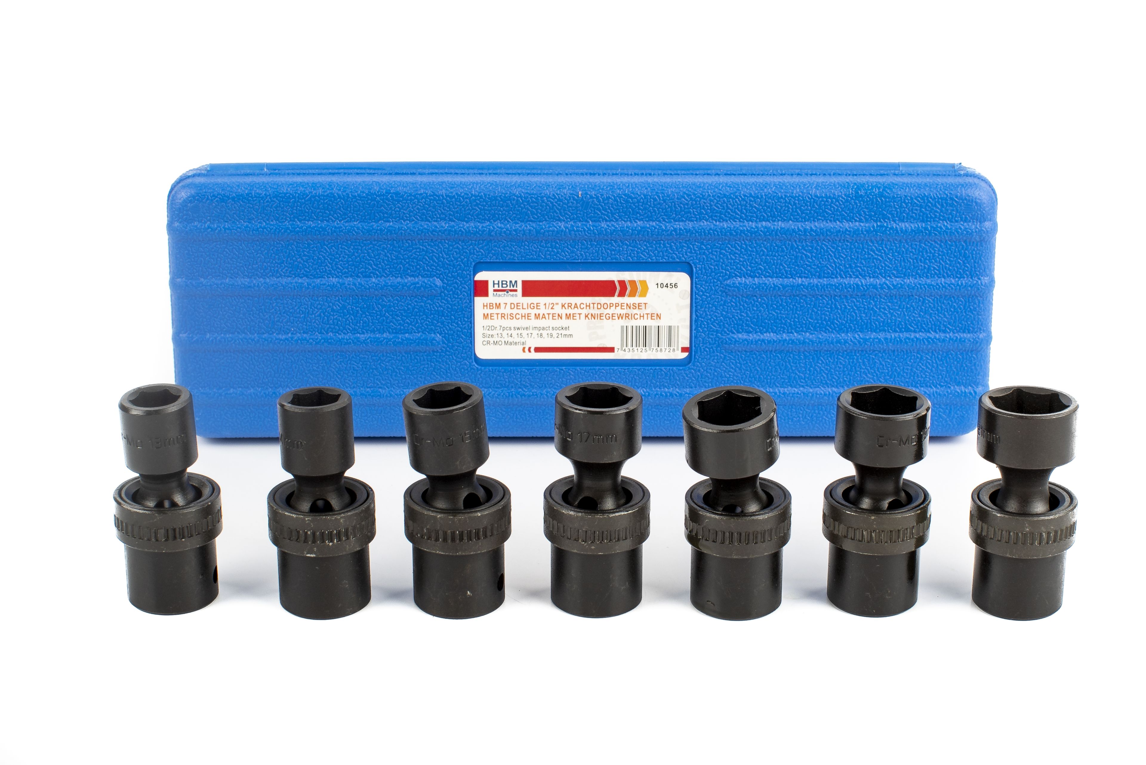 HBM Jeu de douilles à chocs 7 pièces 1/2 inch à dimensions métriques avec rotules