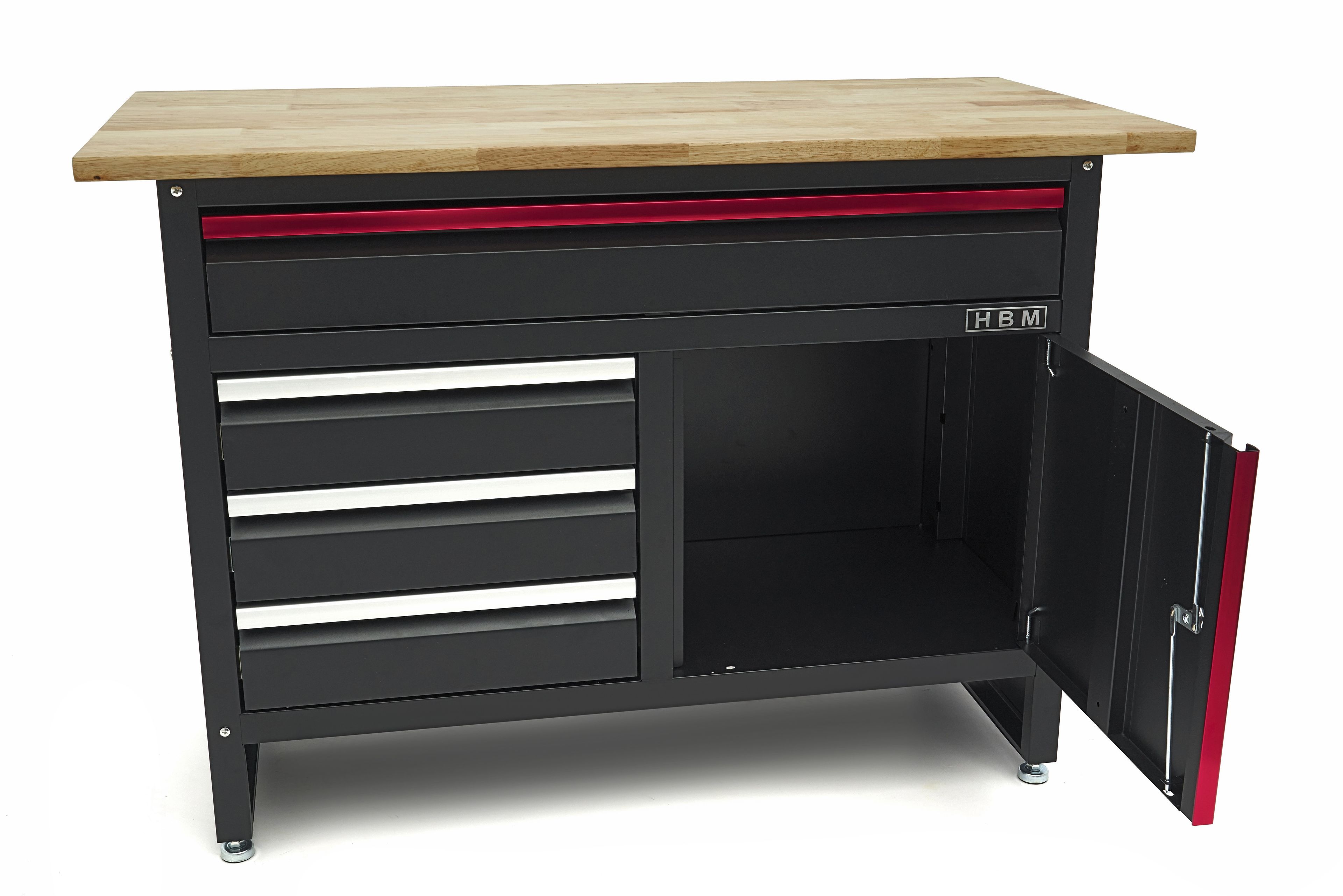 HBM Banco da lavoro da 120 cm con 4 cassetti, 1 anta e piano in legno nero Image 11