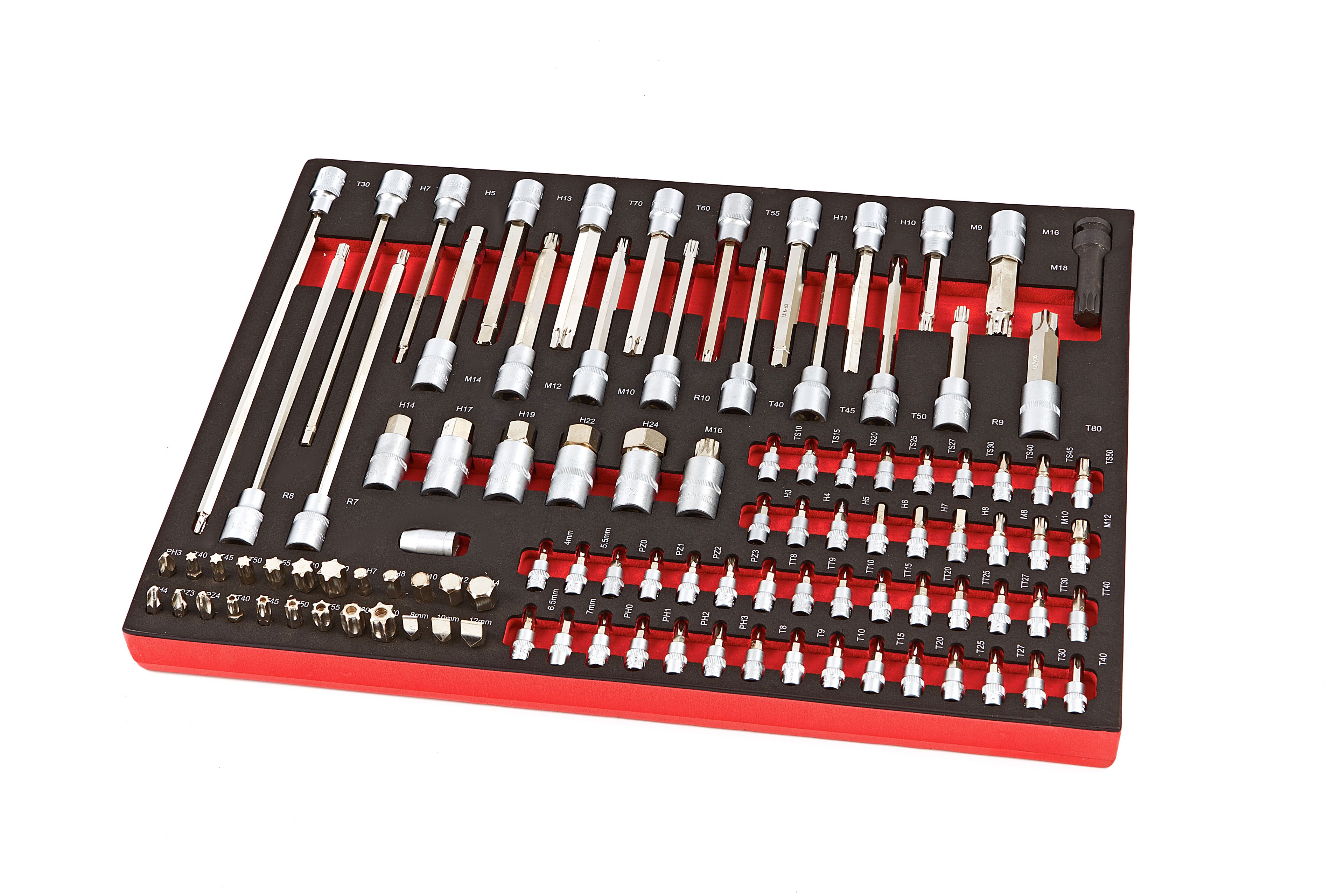 HBM Professional 102 pièces Inbus, Torx, Hex, Set de douilles nervurées Incrustation en mousse pour chariot à outils HBM