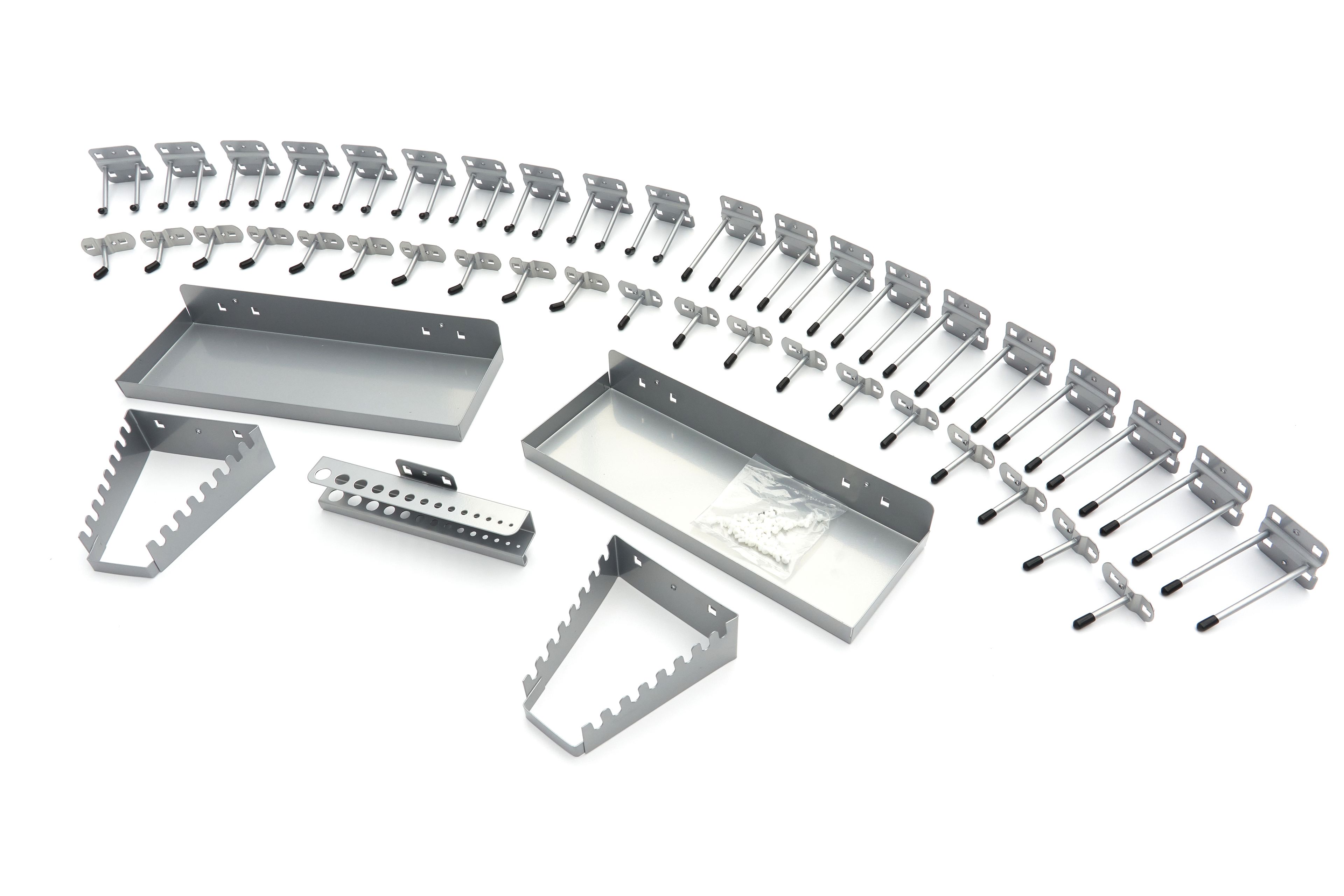 Ensemble de 45 crochets, supports de rangement et poubelles pour les murs d'outils et les postes de travail modulaires de HBM. Image 2