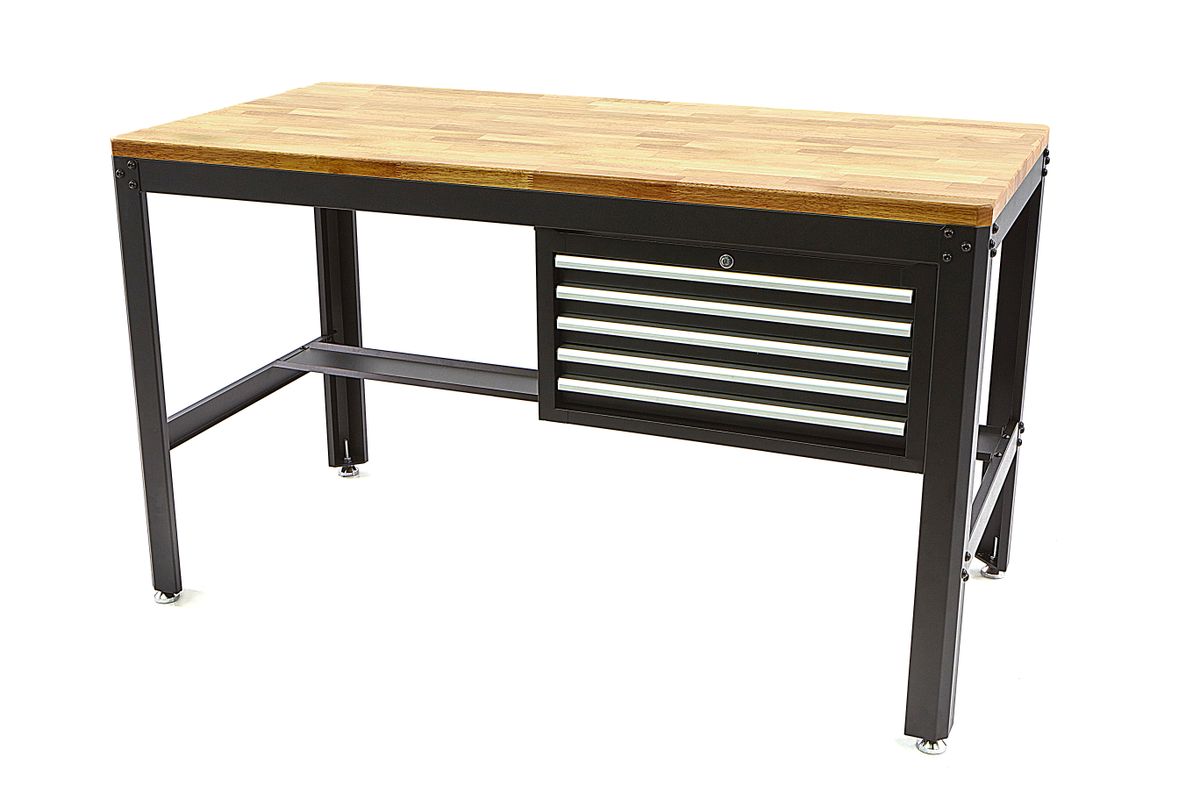 HBM banco de trabajo 155 cm con 5 cajones, encimera de madera, negro