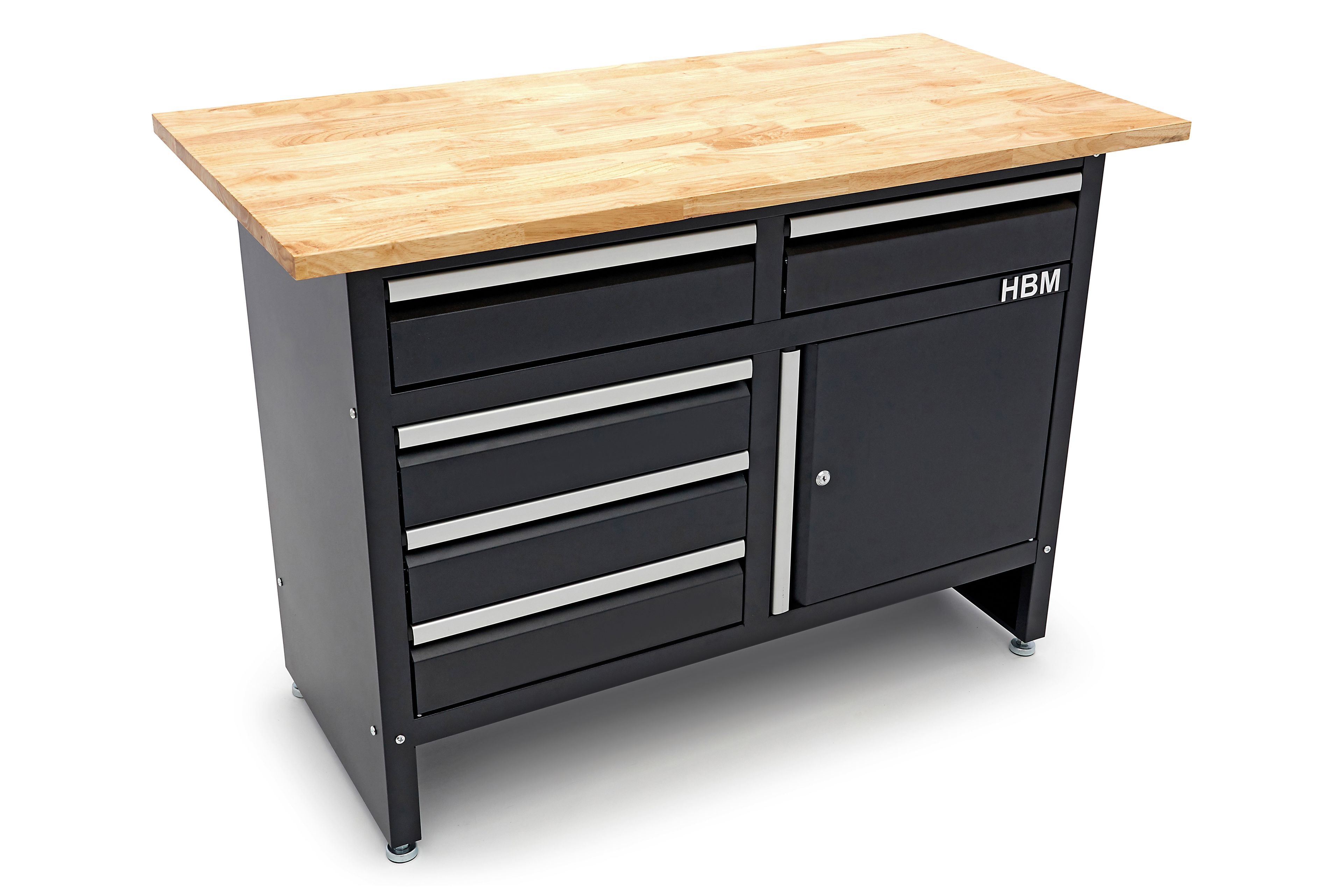 HBM banco da lavoro 120 cm con 5 cassetti e anta, piano di lavoro in legno massello, nero Image 3