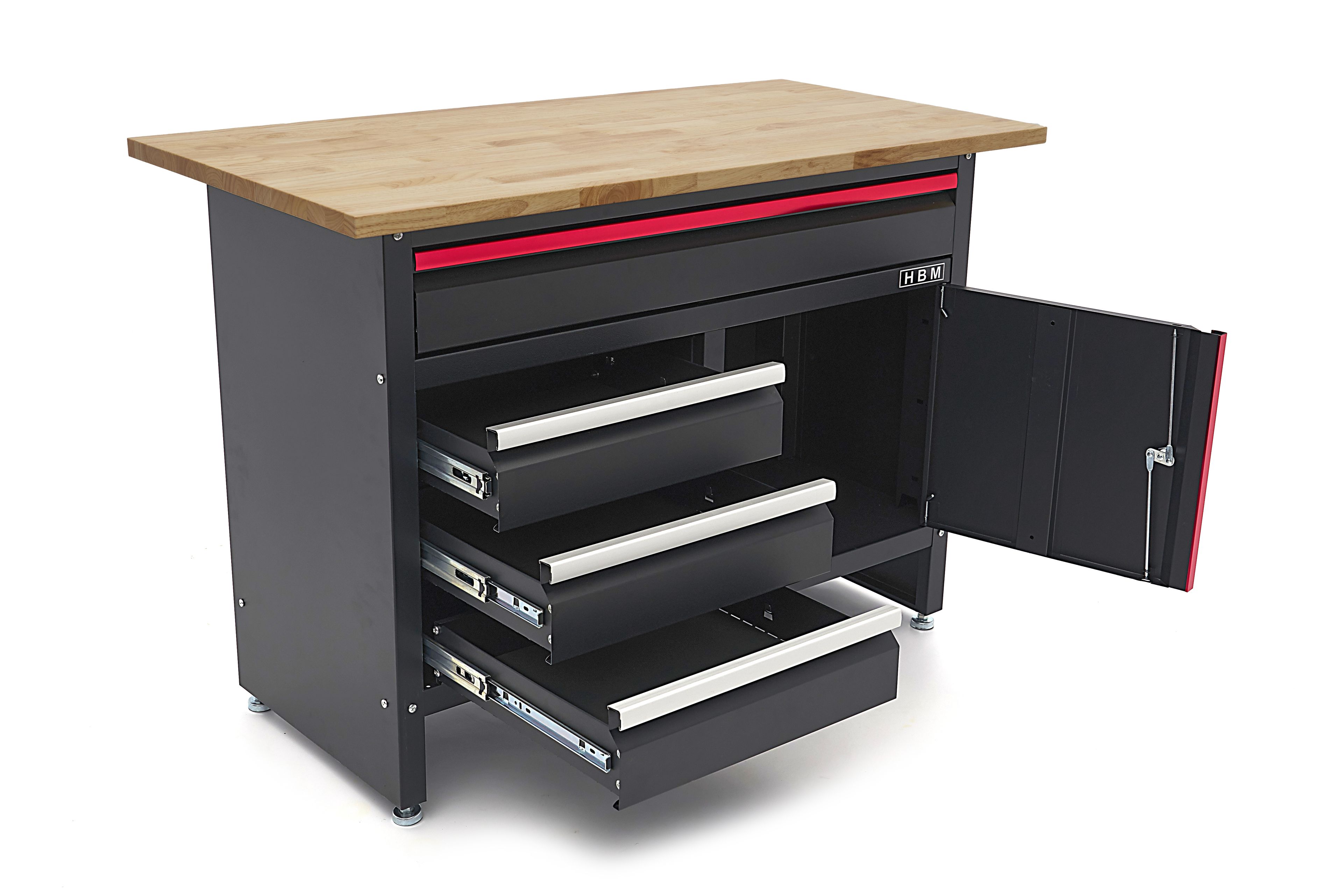 HBM Werkbank 120 cm mit 4 Schubladen, 1 Tür und Holzplatte - Schwarz Image 7