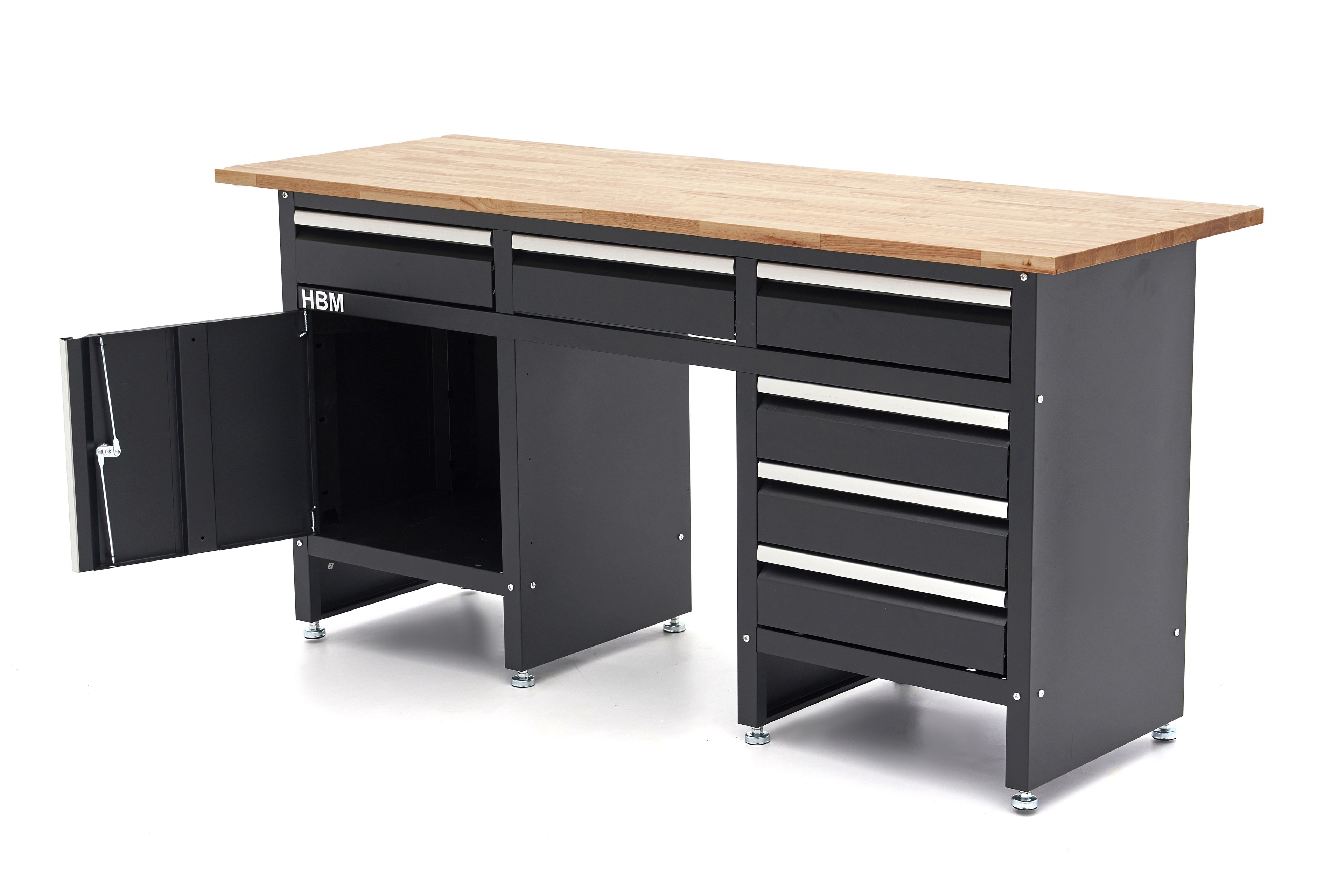 HBM banco da lavoro 171 cm con 6 cassetti e anta, piano di lavoro in legno massello, nero Image 6