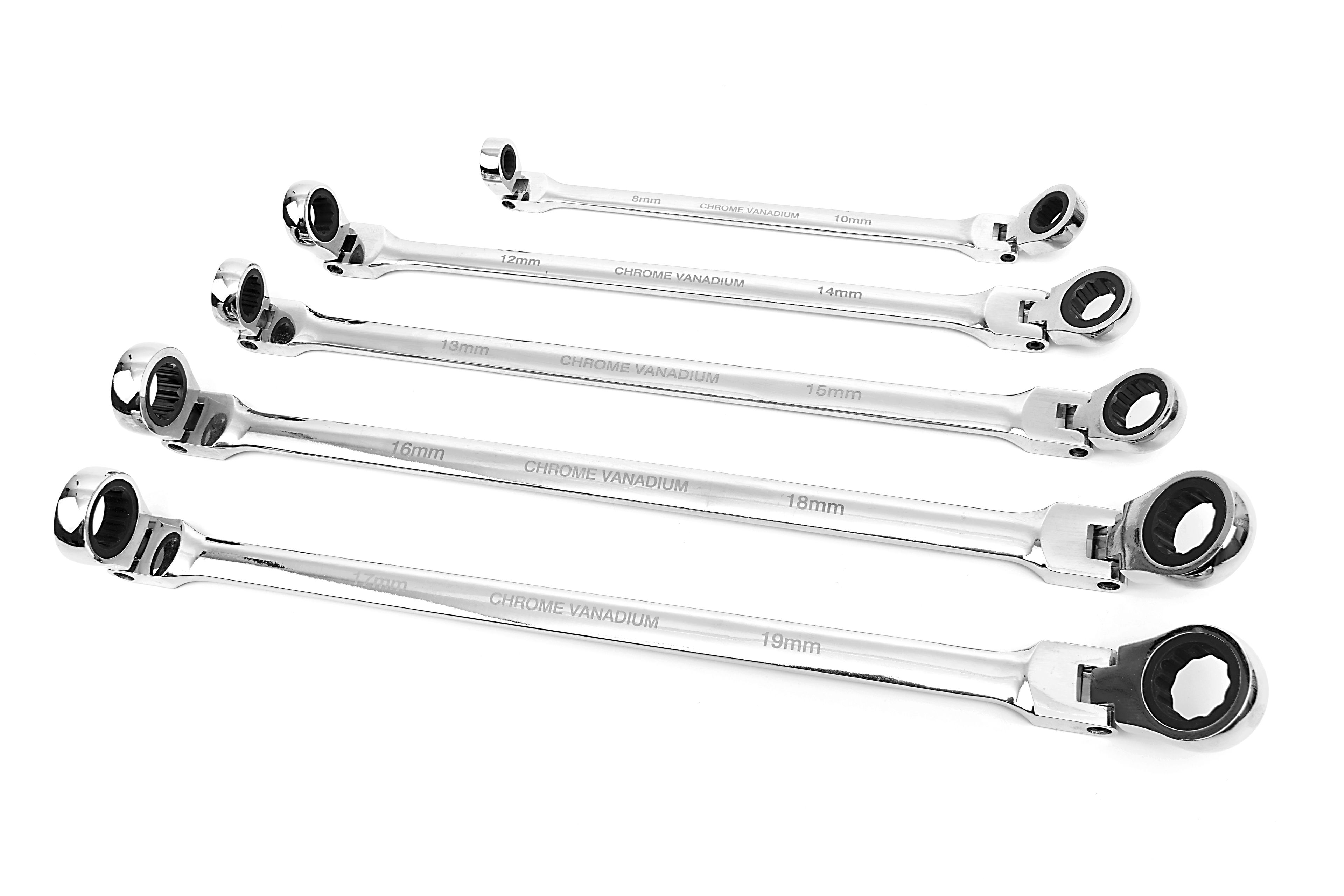 HBM 5-teiliger Profi-Ringschlüsselsatz mit Ratschenfunktion und neigbaren Köpfen 8 - 19 mm extra lang Image 3