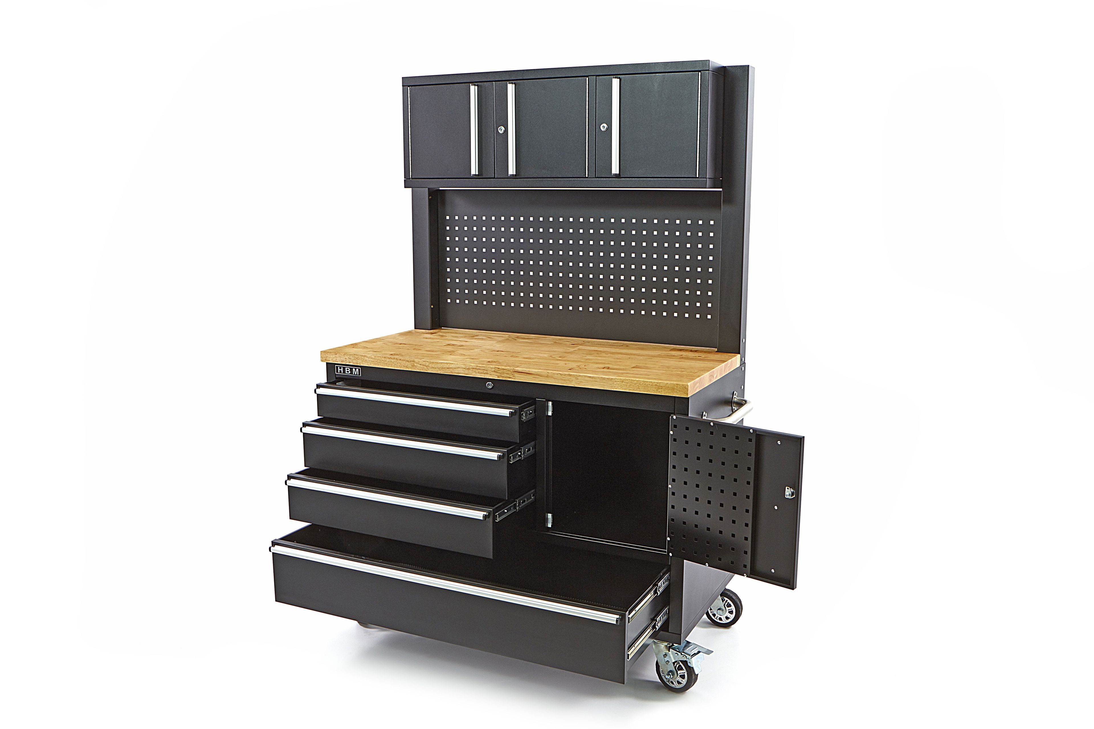 HBM werkbank 122 cm met 4 laden, kastenwand en achterwand, houten werkblad, zwart Image 3