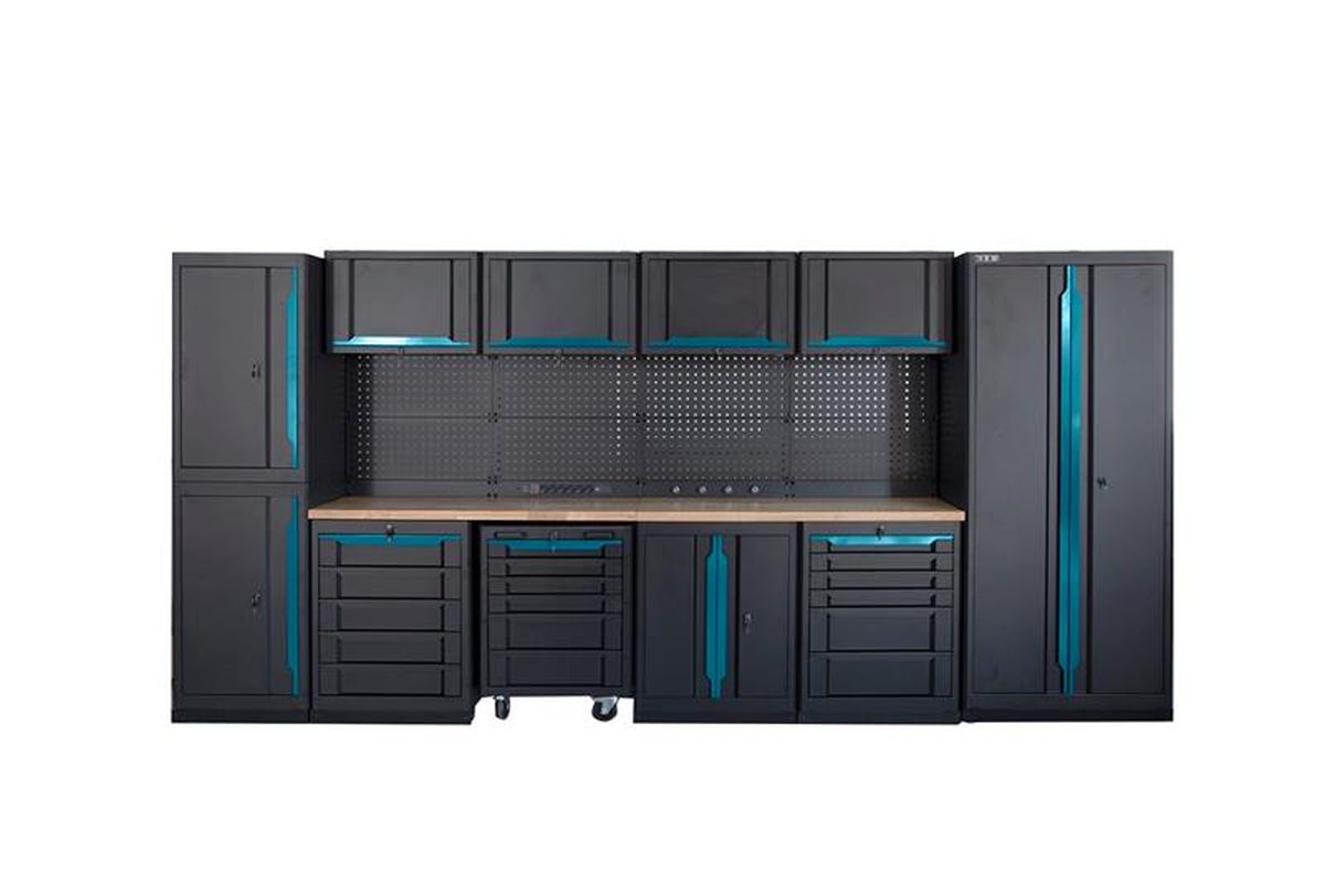 Sistema de banco de trabajo modular HBM experto, 17 piezas, negro azul