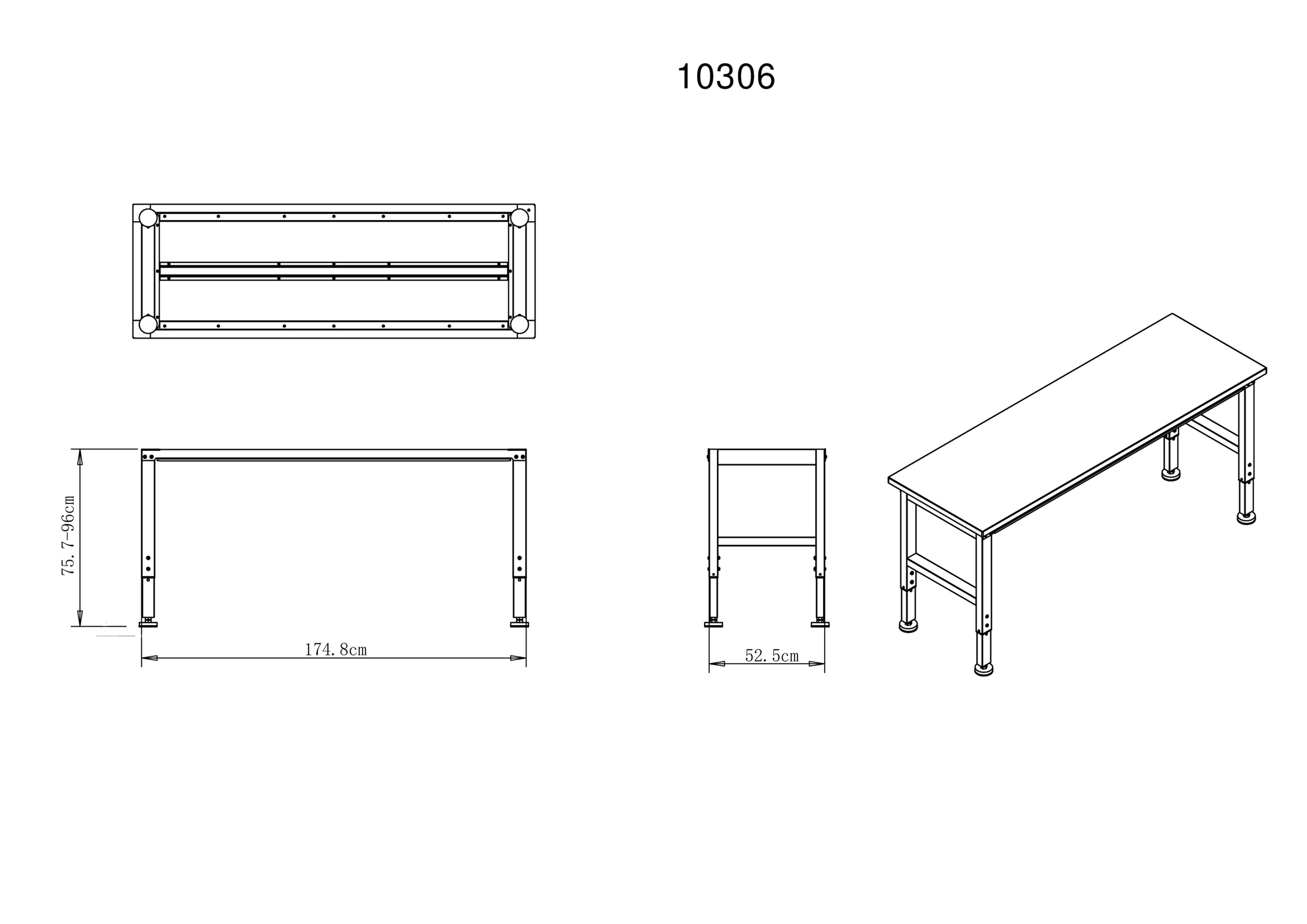 HBM werkbank 182 cm in hoogte verstelbaar, massief houten werkblad, zwart Image 8