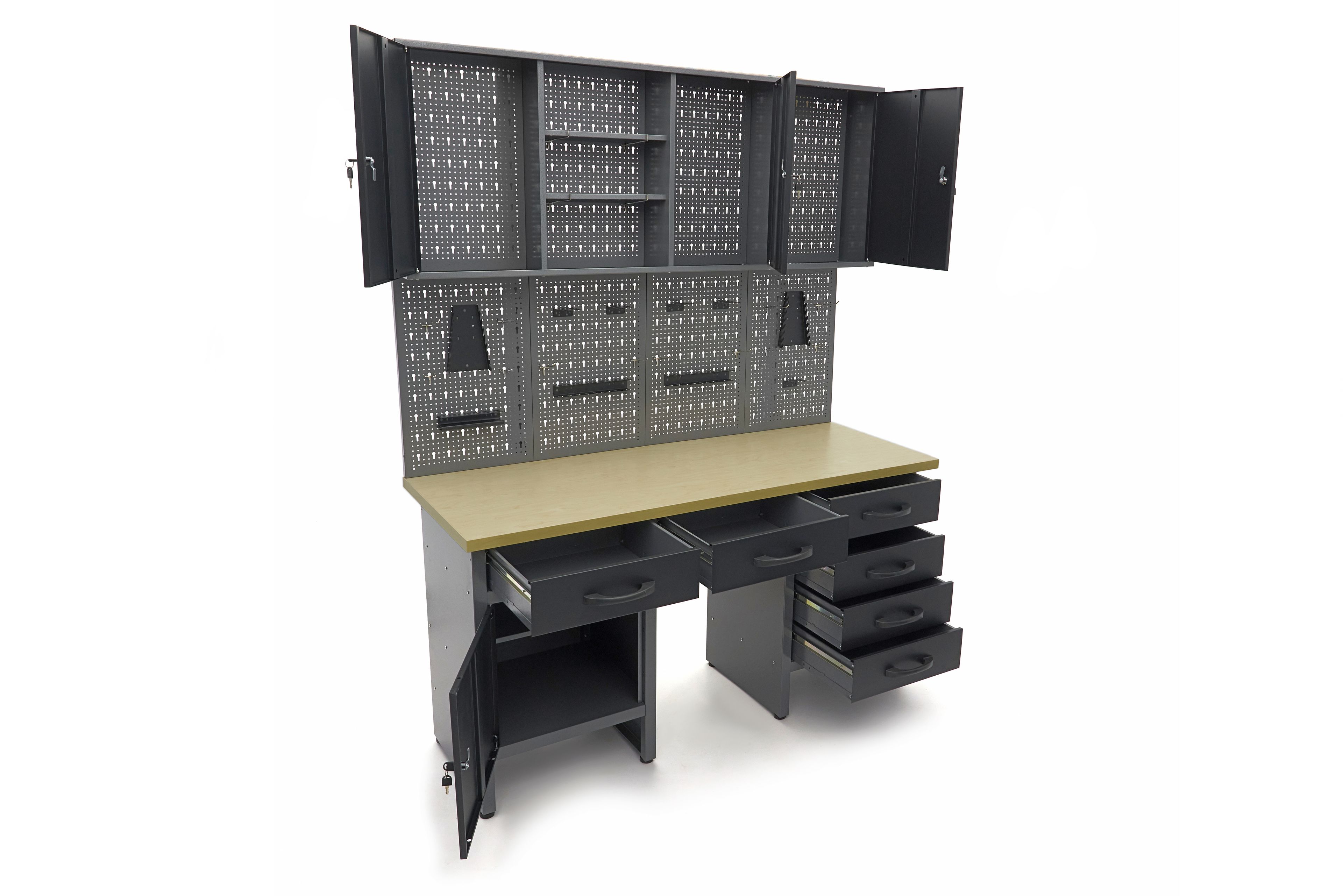 HBM werkbank 160 cm met 6 laden, kastenwand en achterwand, zwart, grijs Image 7