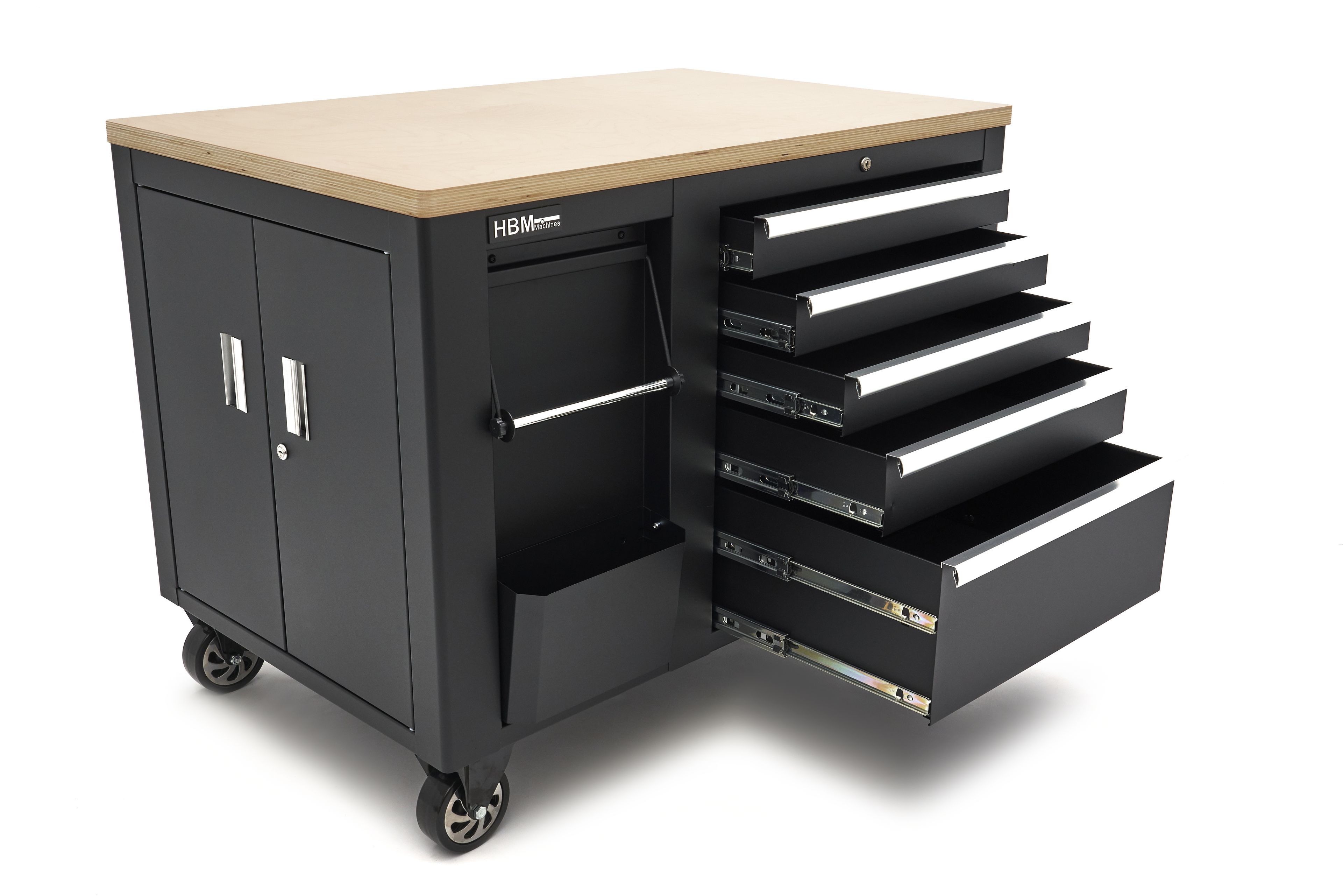 HBM verrijdbare gereedschapswagen, werkbank 114 cm met houten werkblad, zwart Image 5