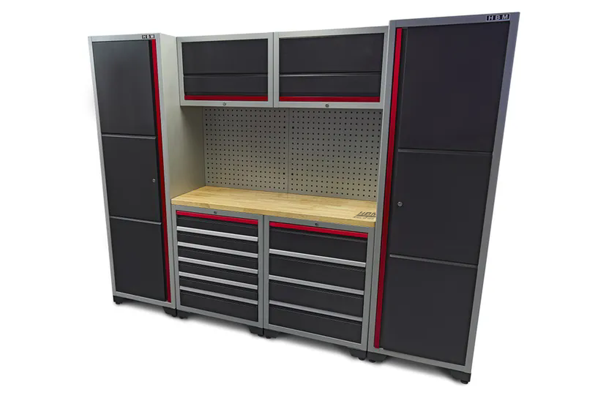 HBM Sistema de taller modular de lujo profesional, 9 piezas, negro rojo