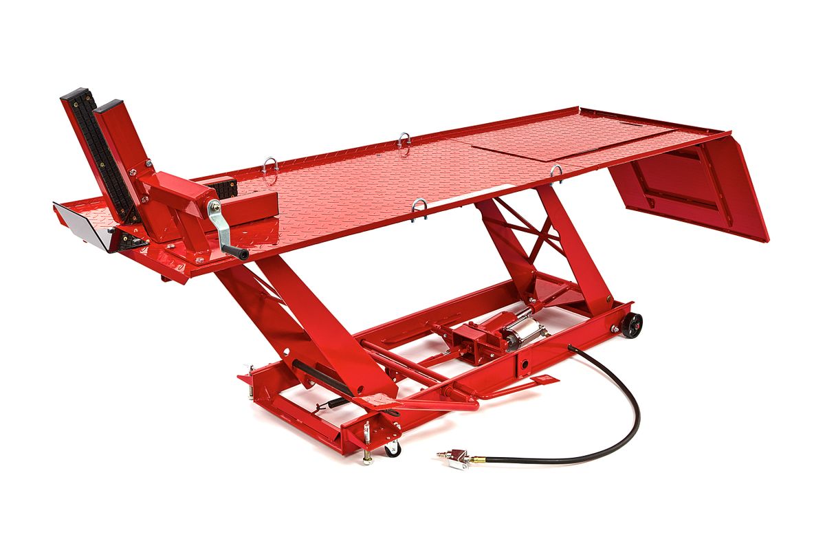 HBM 450 kg Mesa elevadora de motocicleta hidráulica y neumática con abrazadera de rueda delantera de lujo, rojo