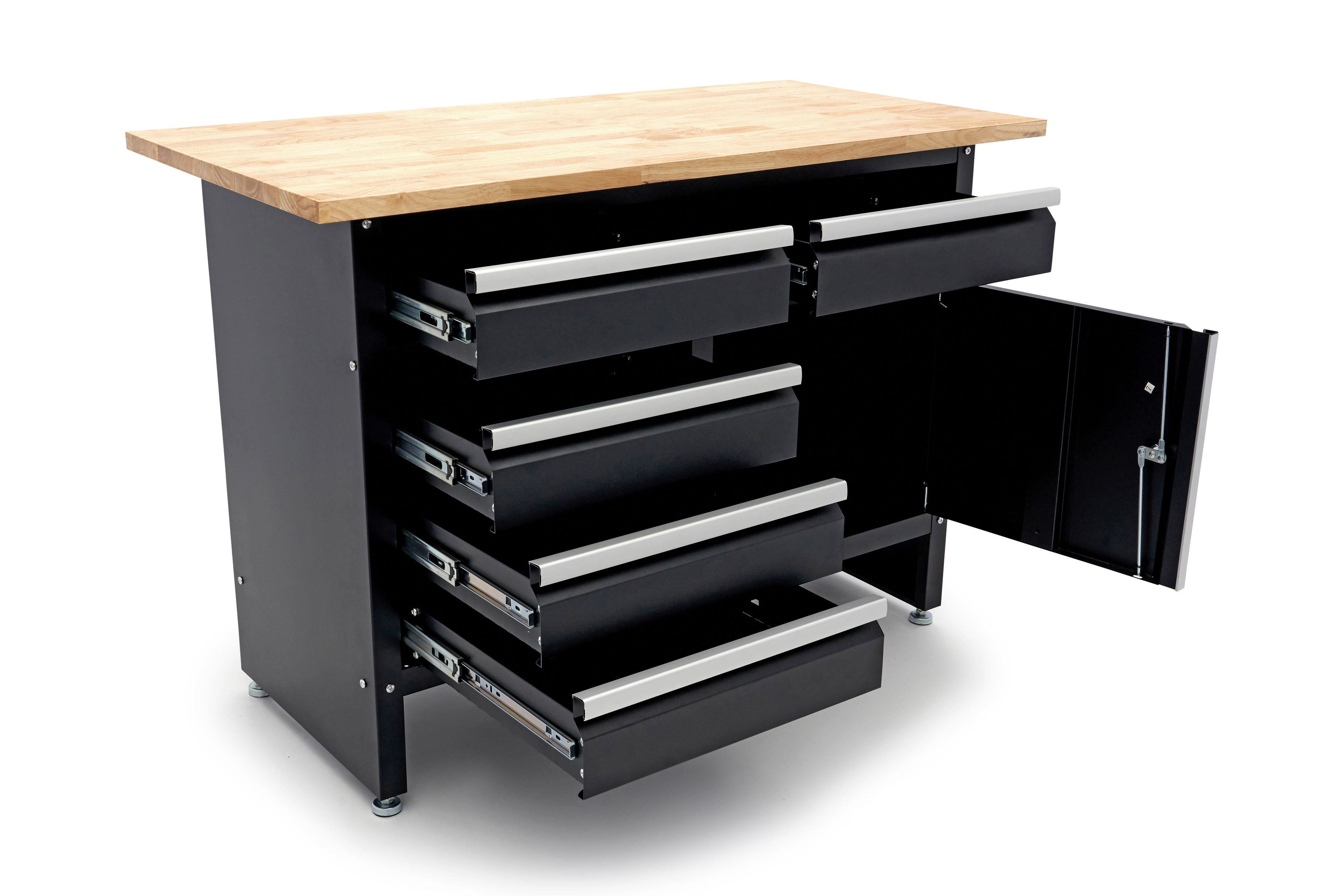 HBM banco da lavoro 120 cm con 5 cassetti e anta, piano di lavoro in legno massello, nero Image 4