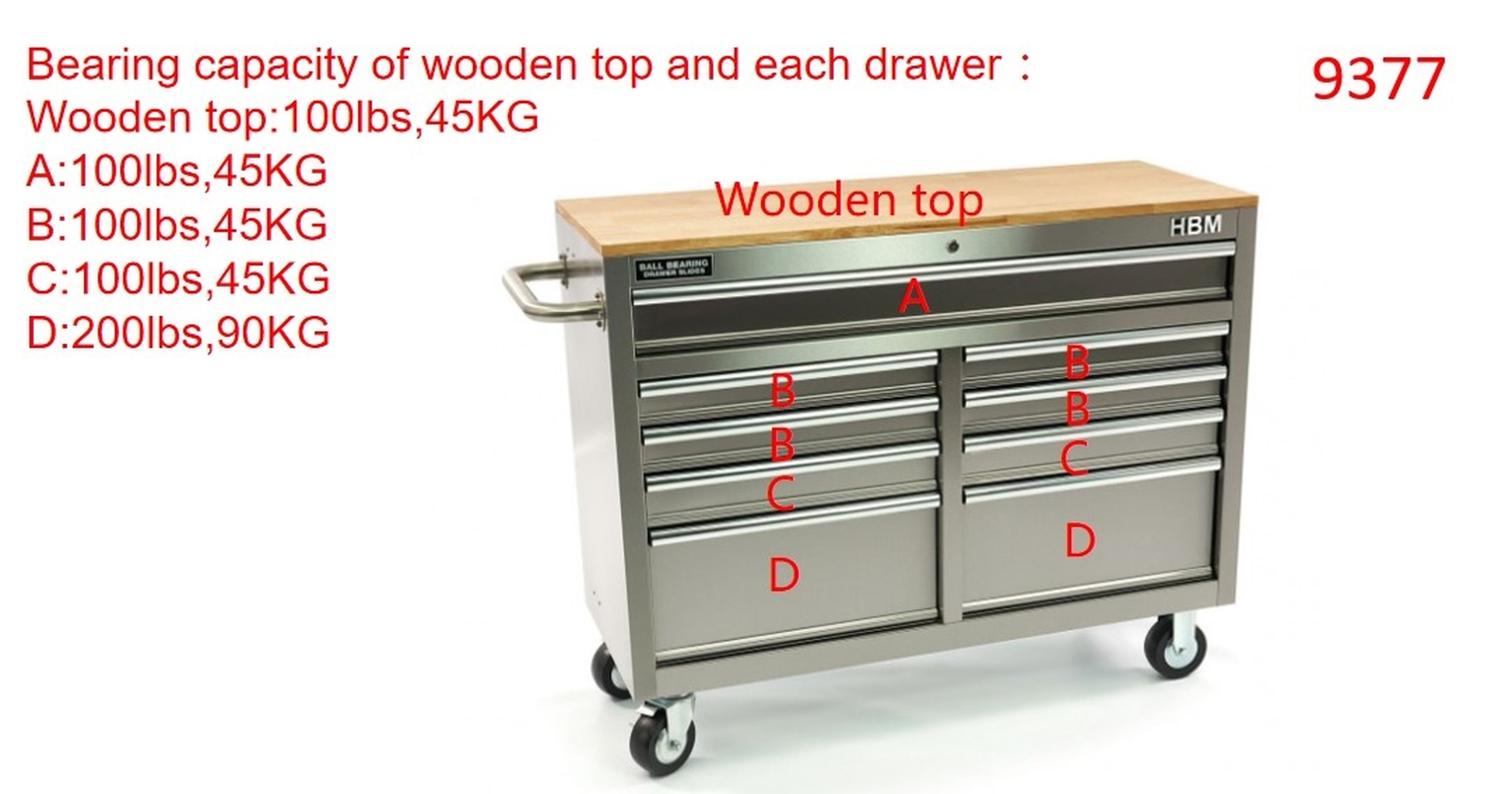 HBM fahrbarer Werkzeugwagen mit Holzarbeitsplatte, 117 cm, Edelstahl Image 8