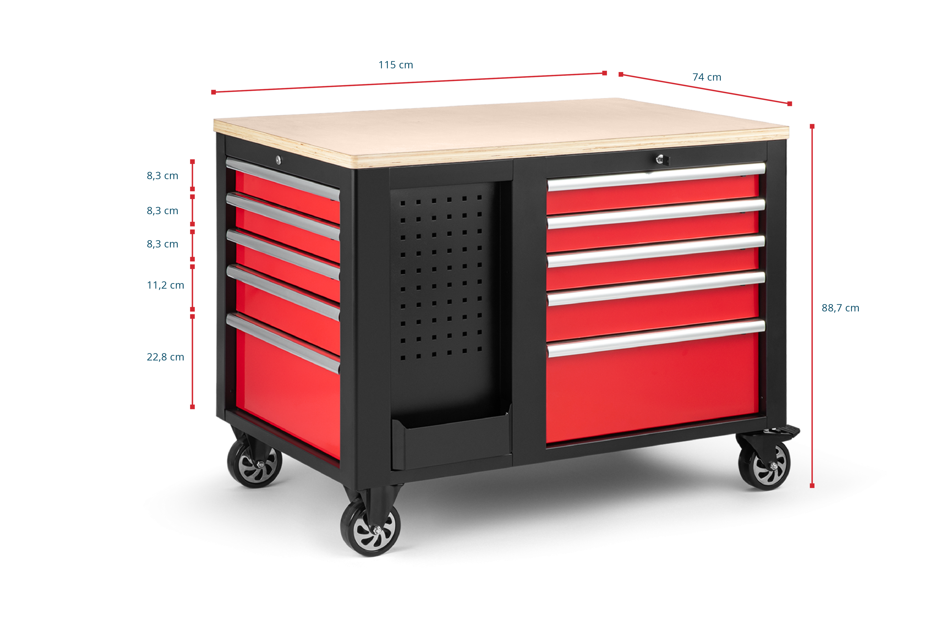 HBM fahrbare Werkbank mit Holzplatte und 10 Schubladen, rot-schwarz Image 8