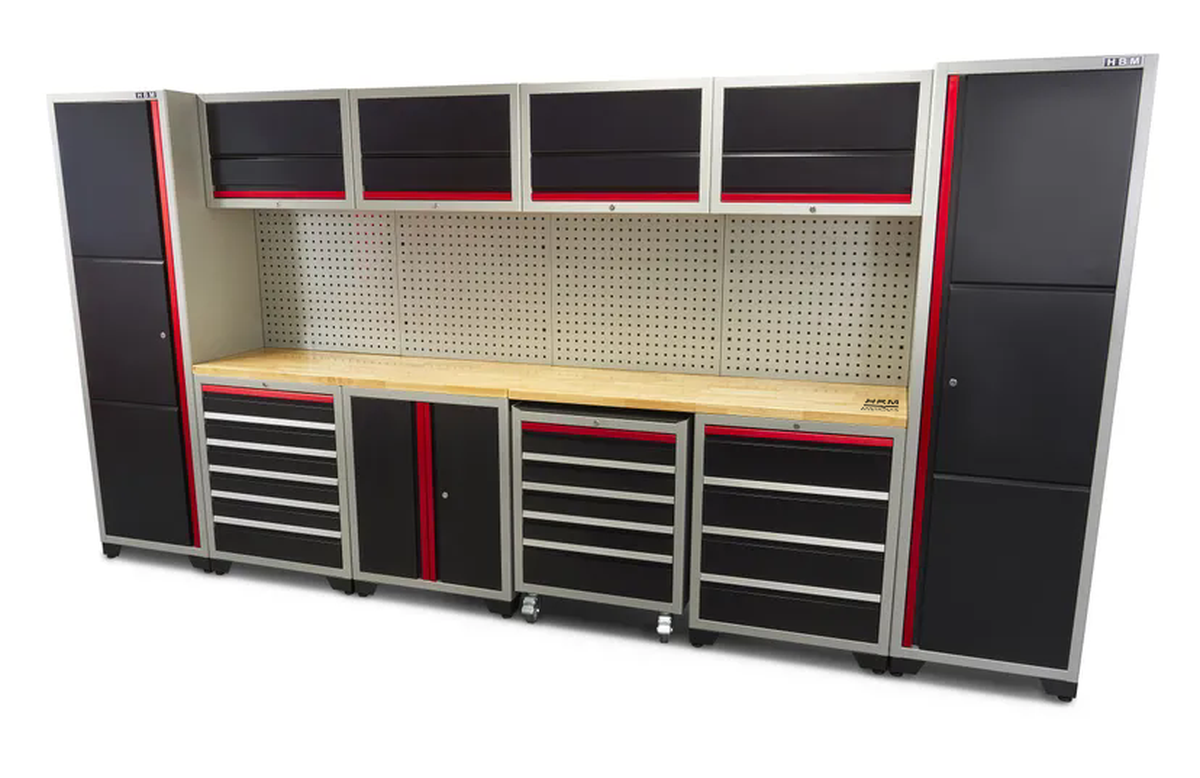 HBM Sistema de taller modular de lujo profesional, 16 piezas, negro rojo