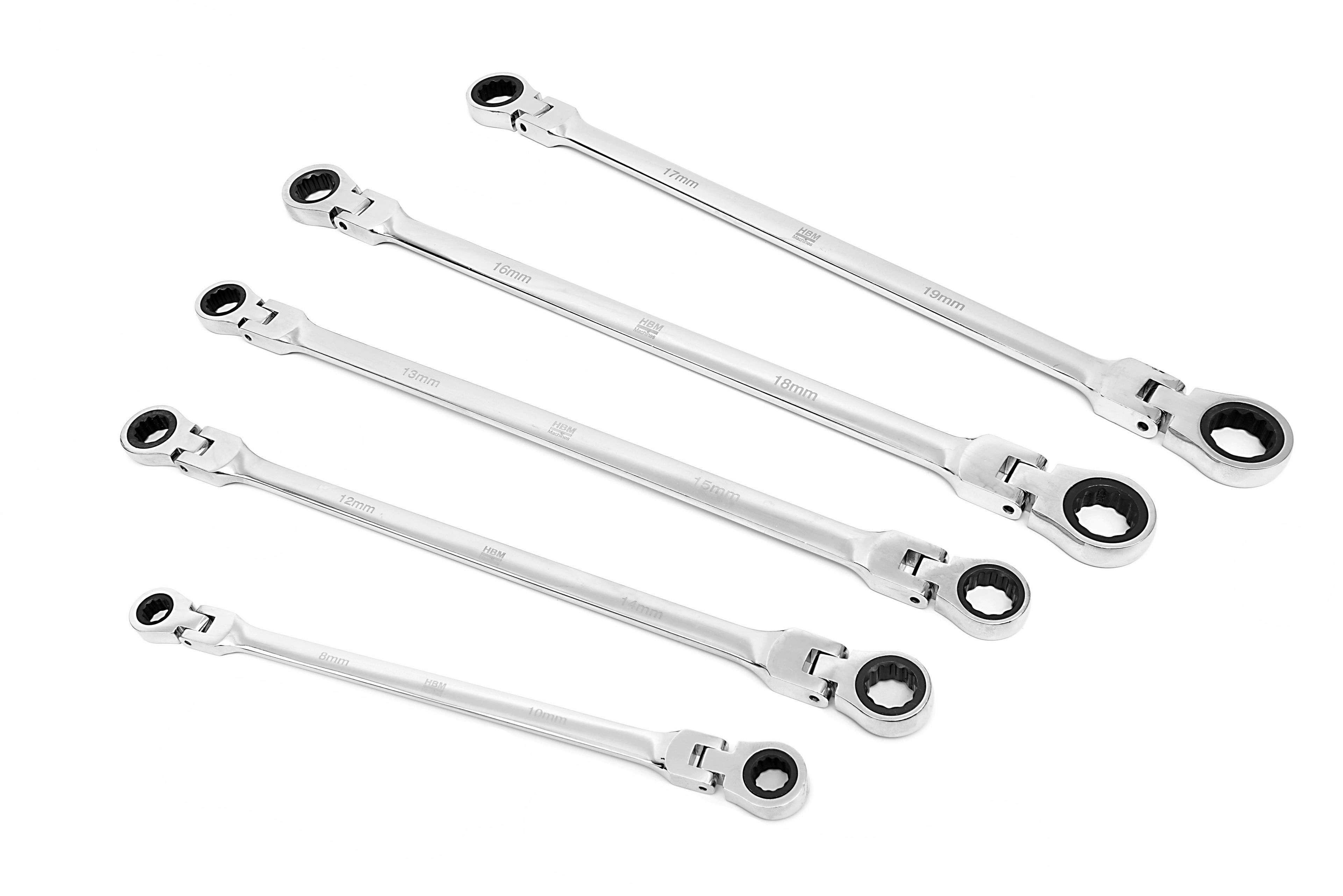 HBM 5-teiliger Profi-Ringschlüsselsatz mit Ratschenfunktion und neigbaren Köpfen 8 - 19 mm extra lang