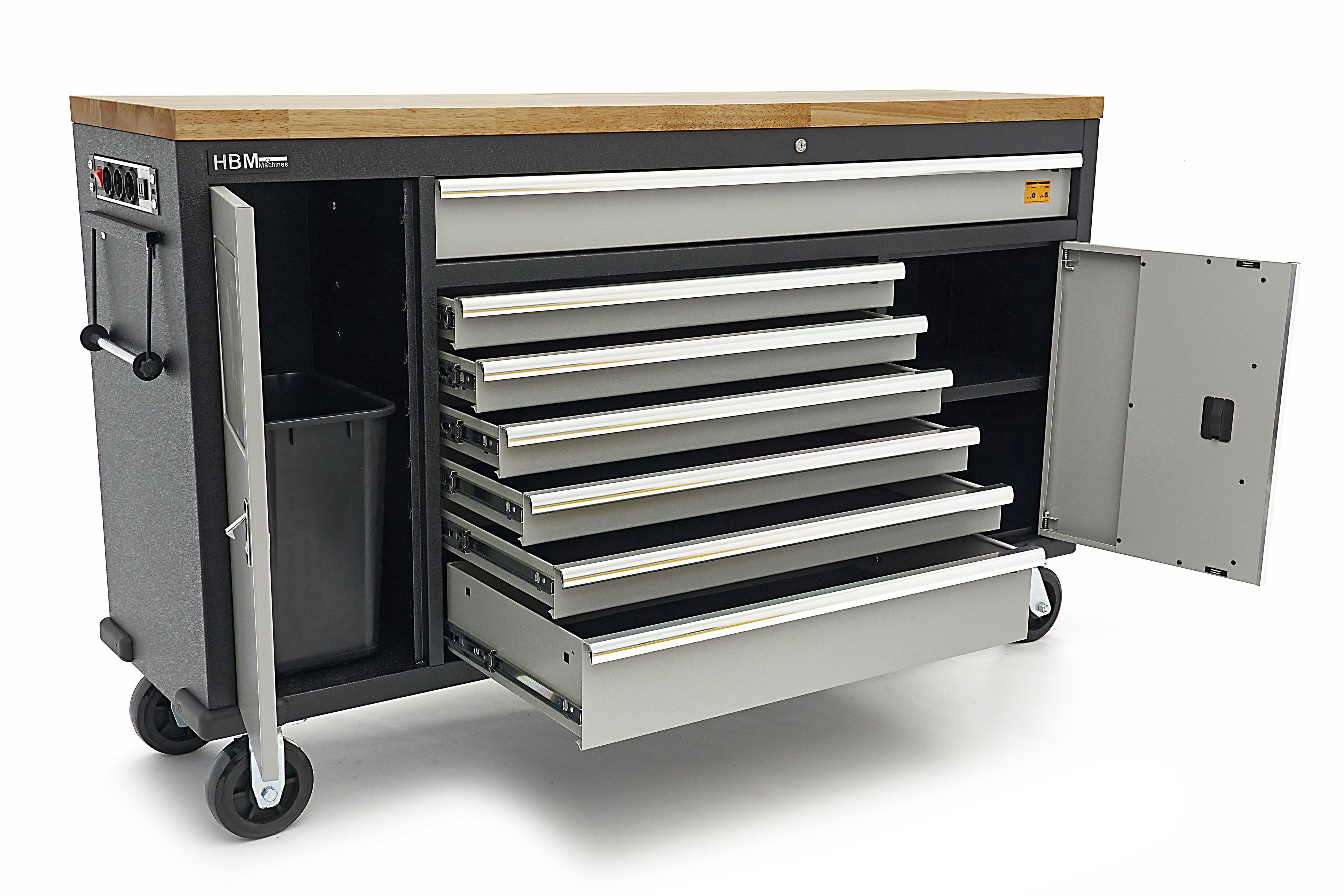 HBM Werkzeugwagen mit Holzarbeitsplatte - 168 cm - Grau Image 4