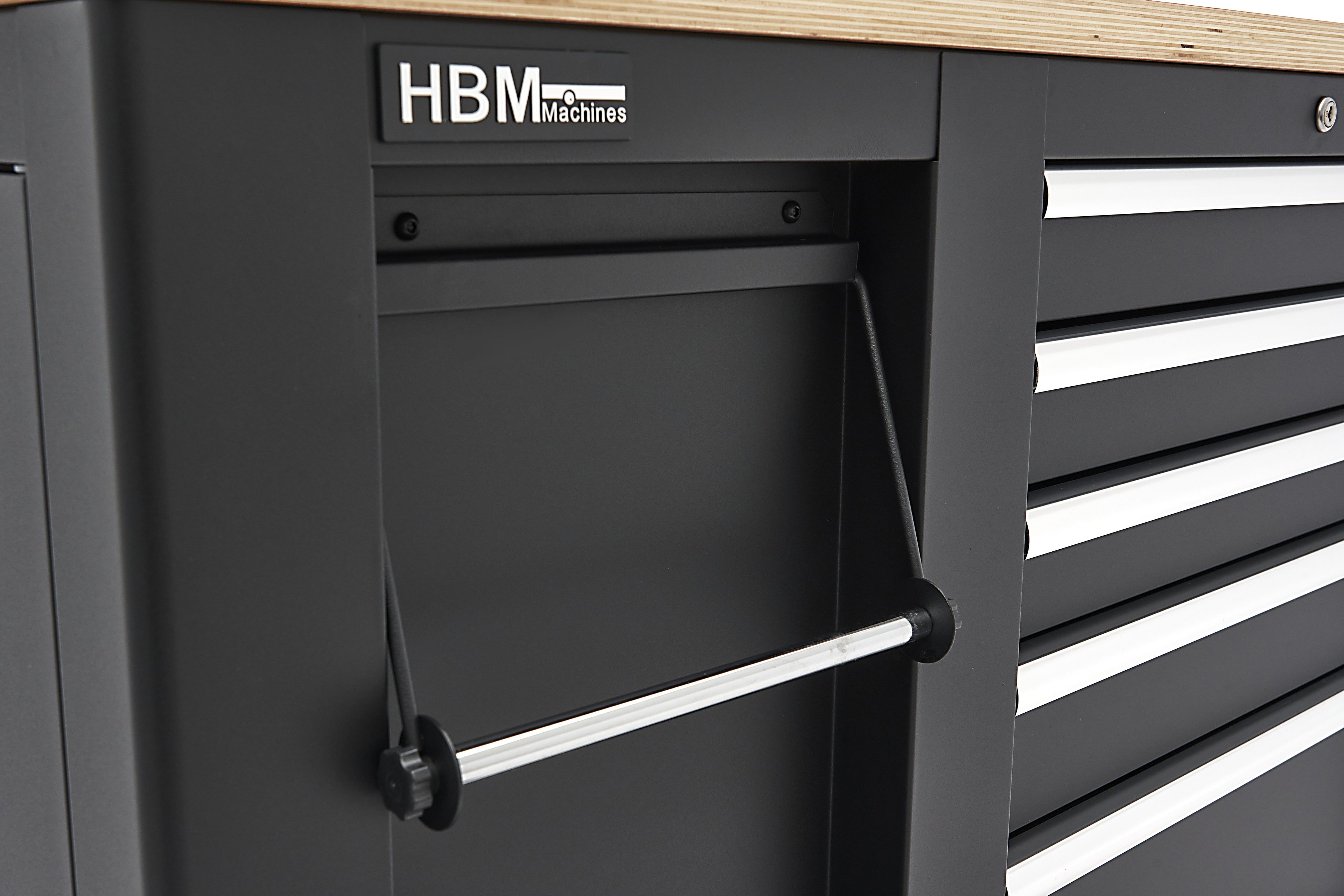 HBM verrijdbare gereedschapswagen, werkbank 114 cm met houten werkblad, zwart Image 10