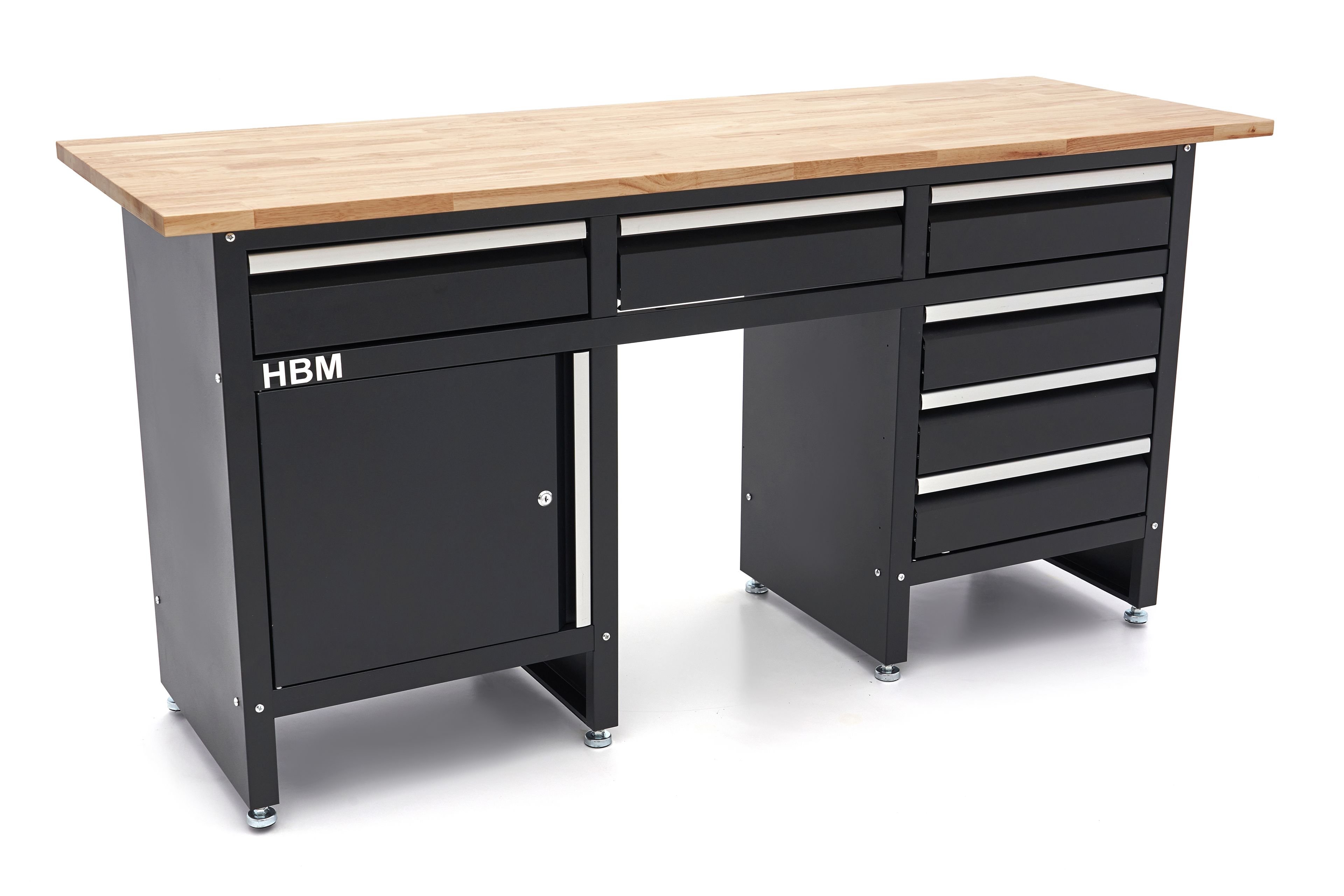 HBM banco da lavoro 171 cm con 6 cassetti e anta, piano di lavoro in legno massello, nero Image 2