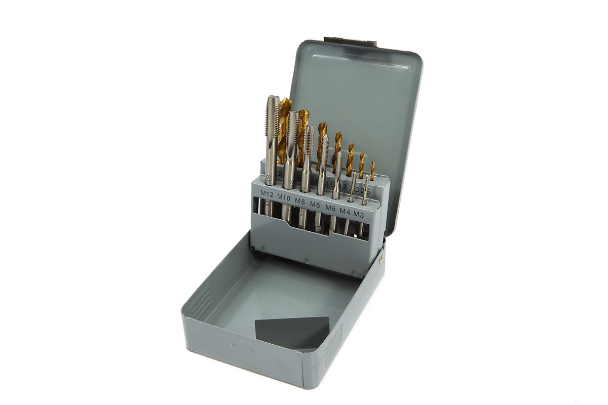 HBM 7-teiliges zinnbeschichtetes Maschinengewindeschneidset M3-12 inklusive Bohrer
