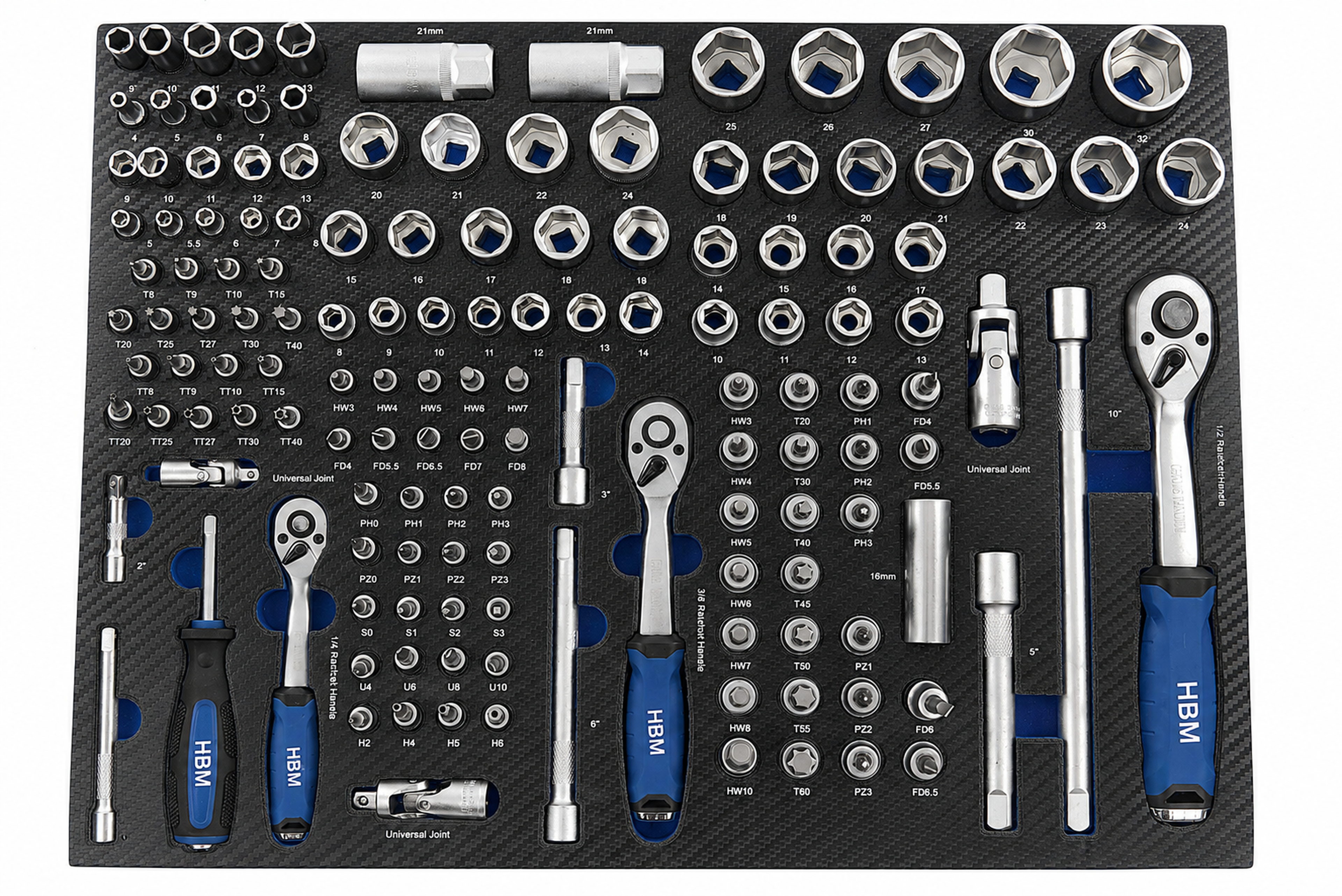 HBM 145 Delige Doppenset met Ratels in Carbon Foam inlay voor Gereedschapswagen Image 2