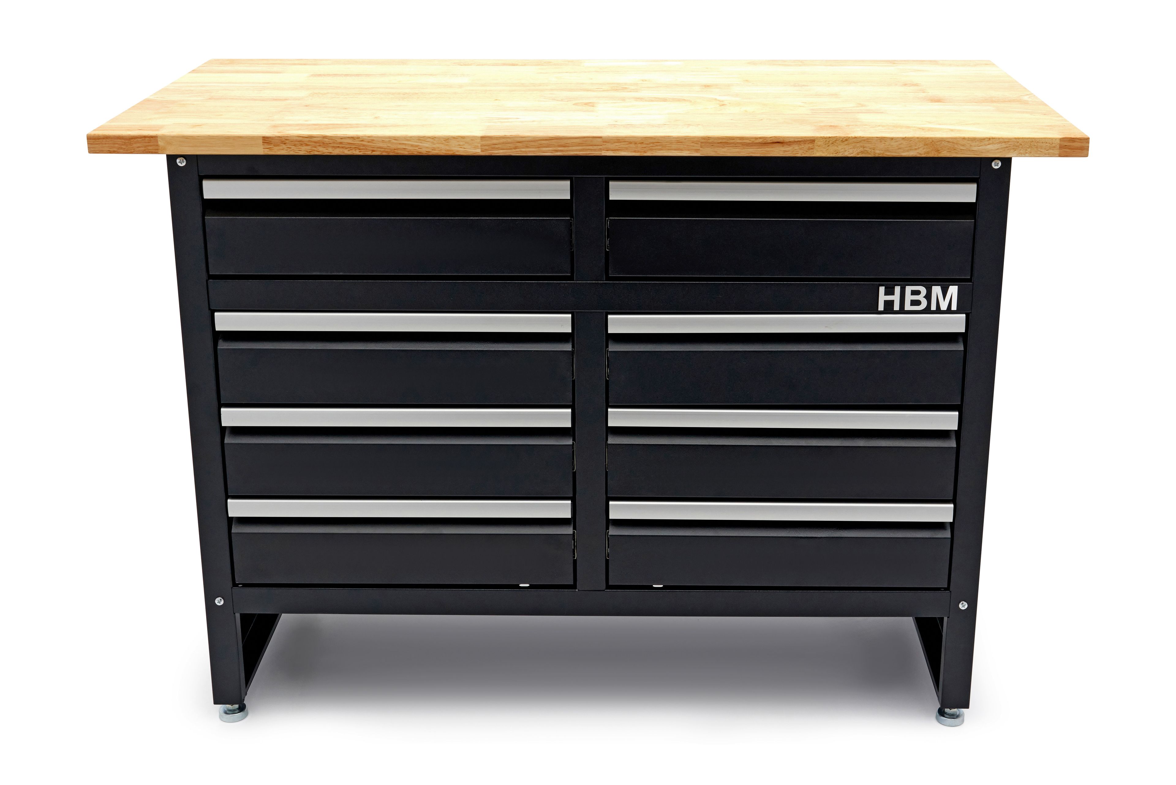 HBM werkbank 120 cm met 8 laden, massief houten werkblad, zwart Image 2