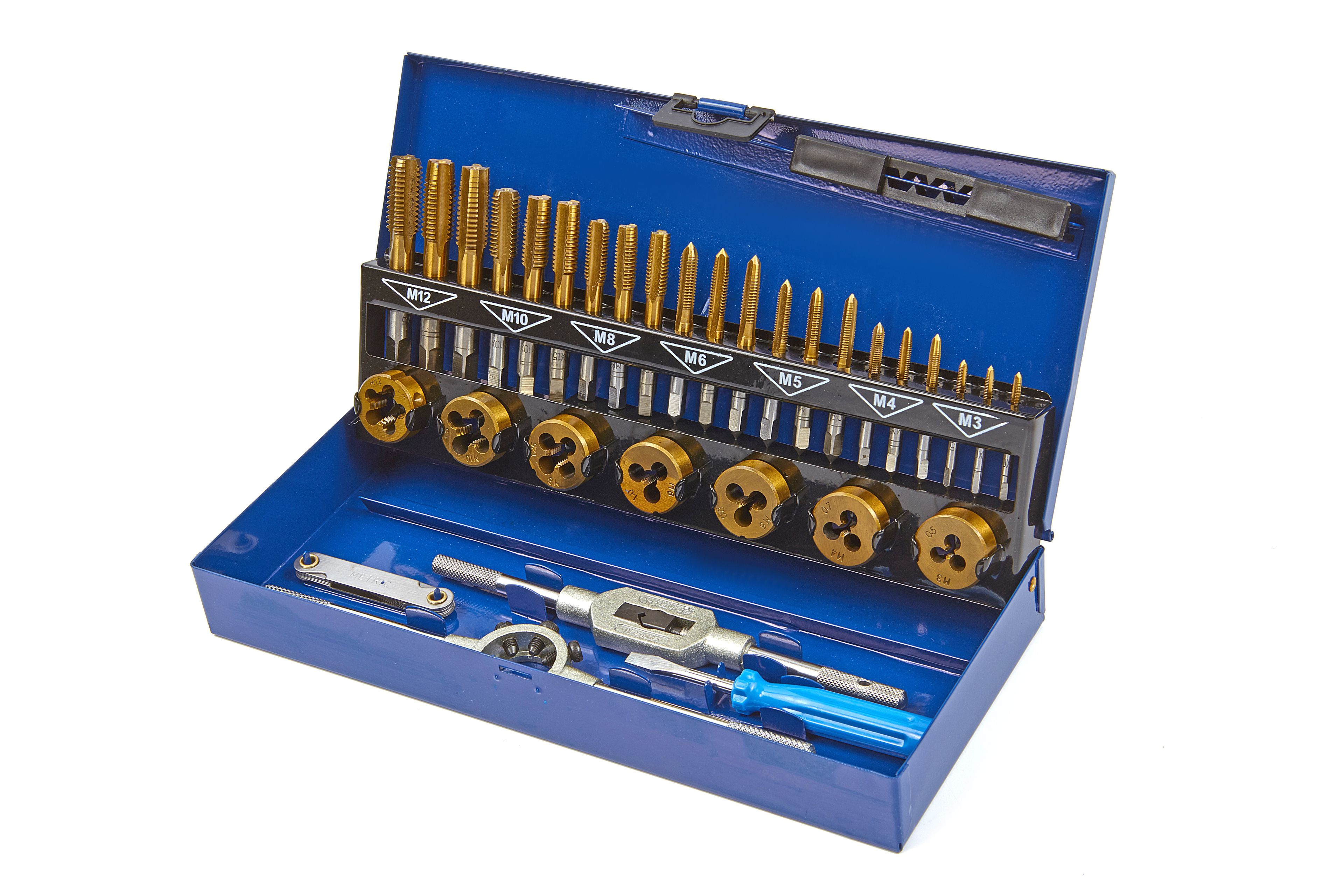 HBM Set da 32 pezzi di maschi e filiere M3-12 con rivestimento TIN