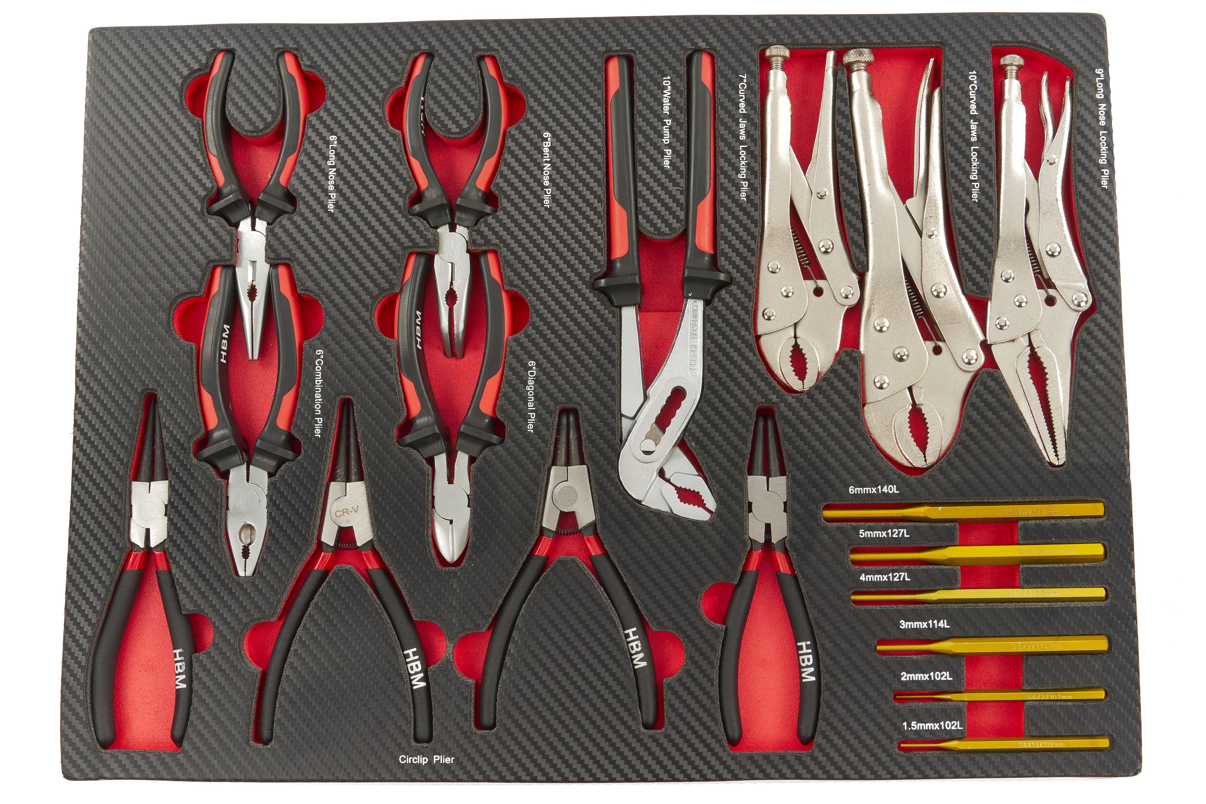HBM 17-teiliges Zangen- und Durchführungsset in Carbonschaumeinlage für Werkzeugträger