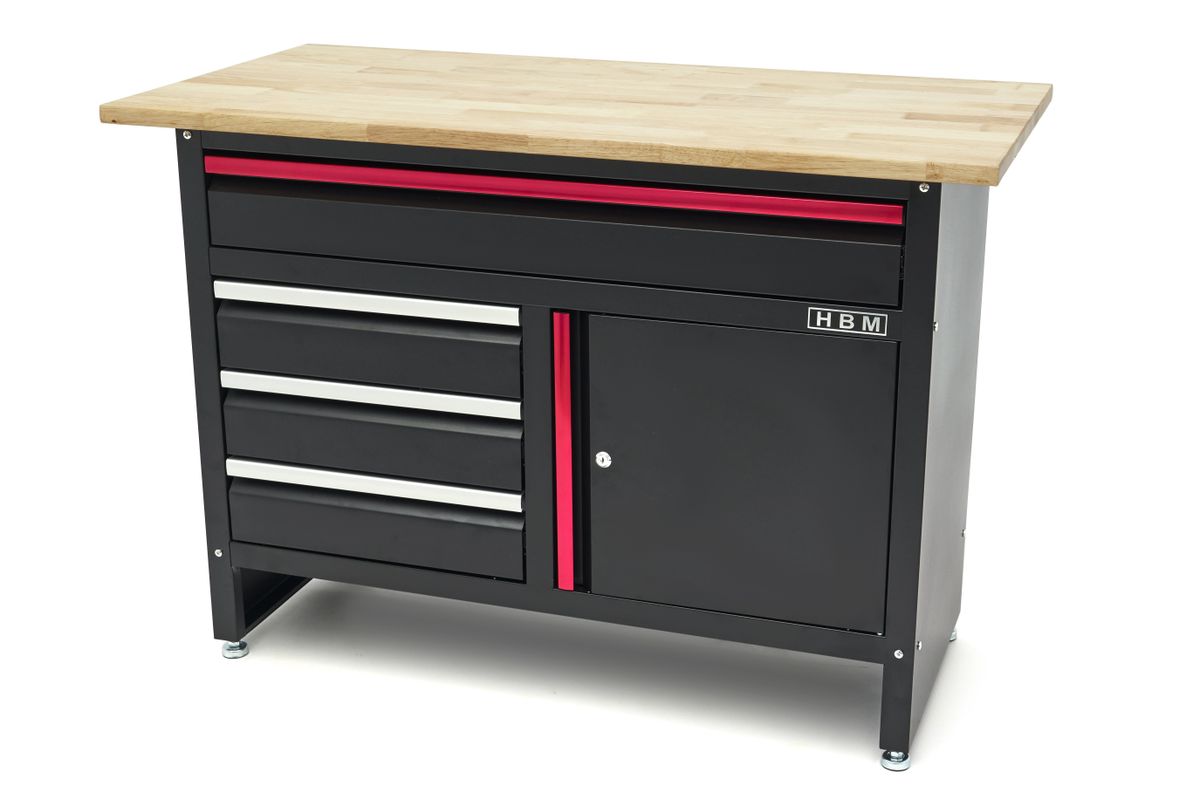 HBM Banco de trabajo de 120 cm con 4 cajones, 1 puerta y tapa de madera en negro