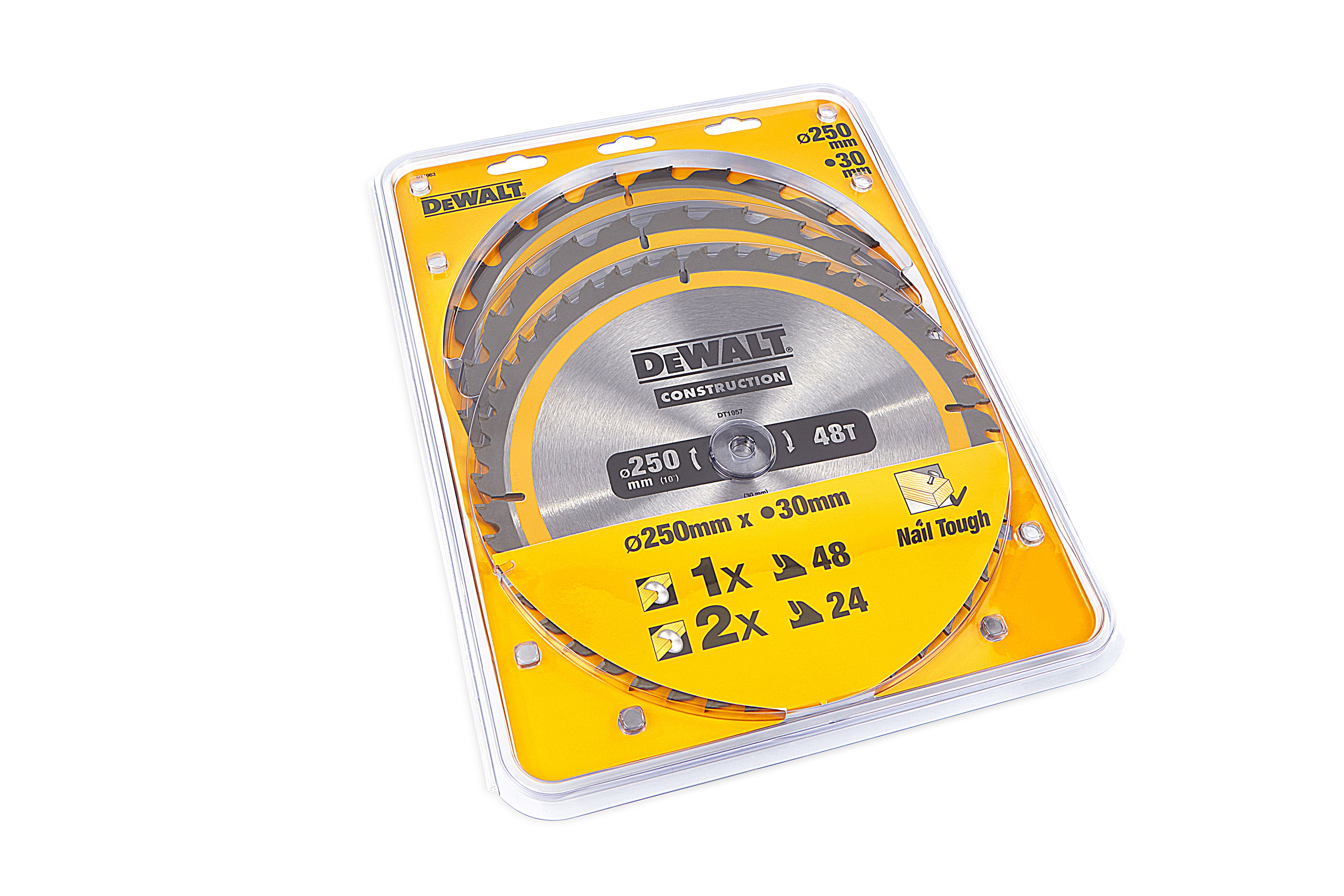 DeWalt DT1963-QZ Ensemble de 3 lames de scie circulaire 250x30mm 2x24 dents 1x48 dents Image 2