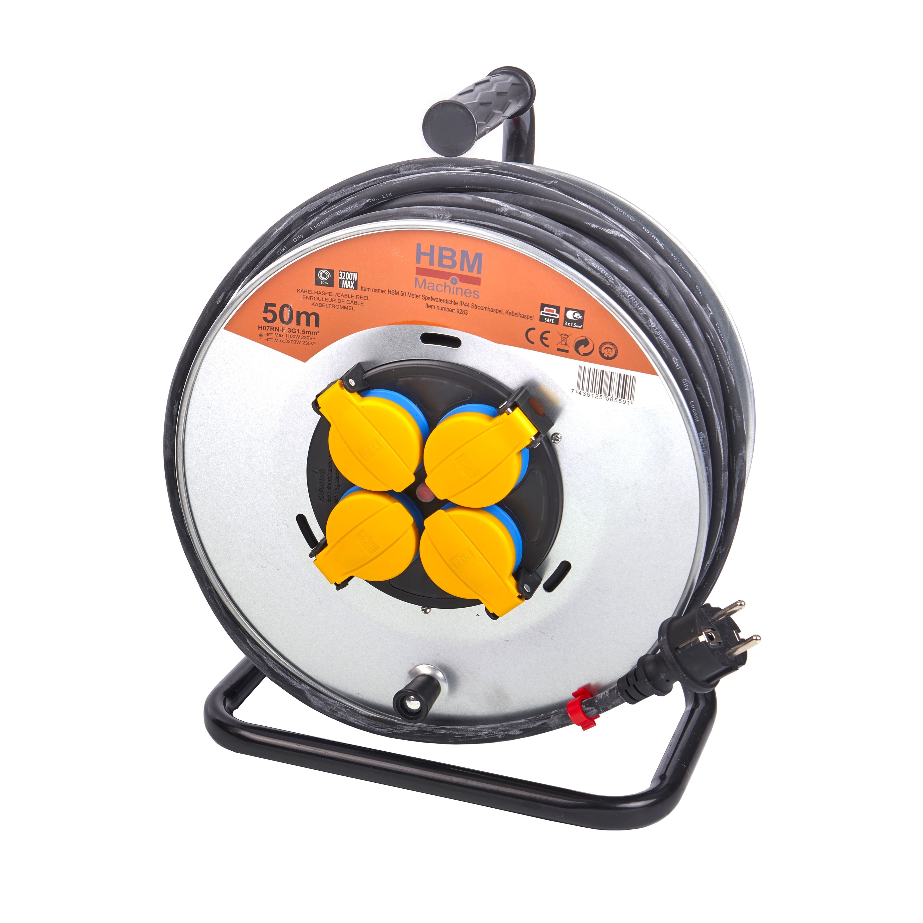 HBM 50 Meter Spatwaterdichte IP44 Stroomhaspel, Kabelhaspel 3 x 1,5 mm