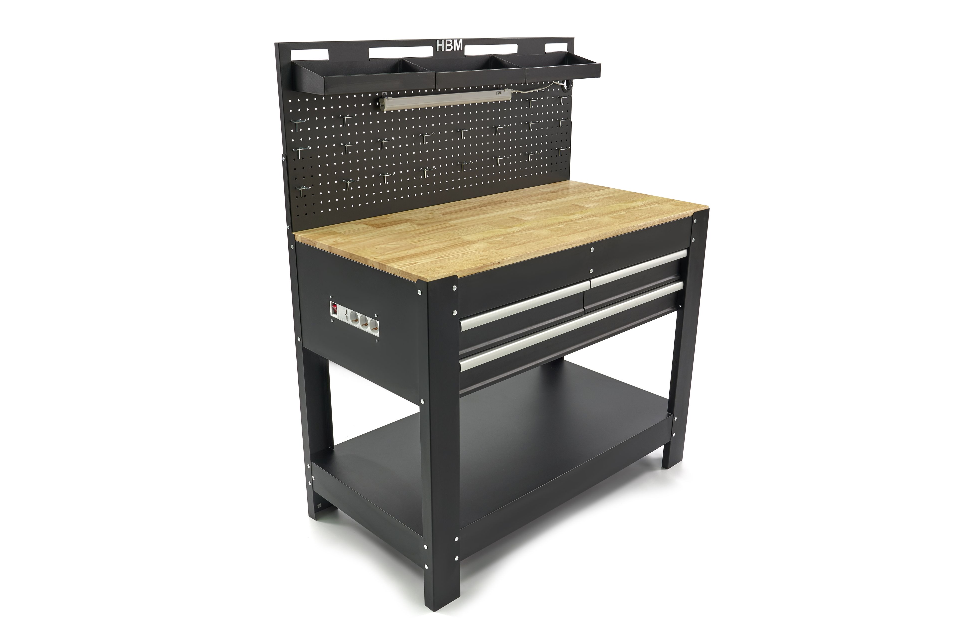 HBM werkbank 115 cm met 3 laden, houten werkblad en achterwand, zwart Image 4