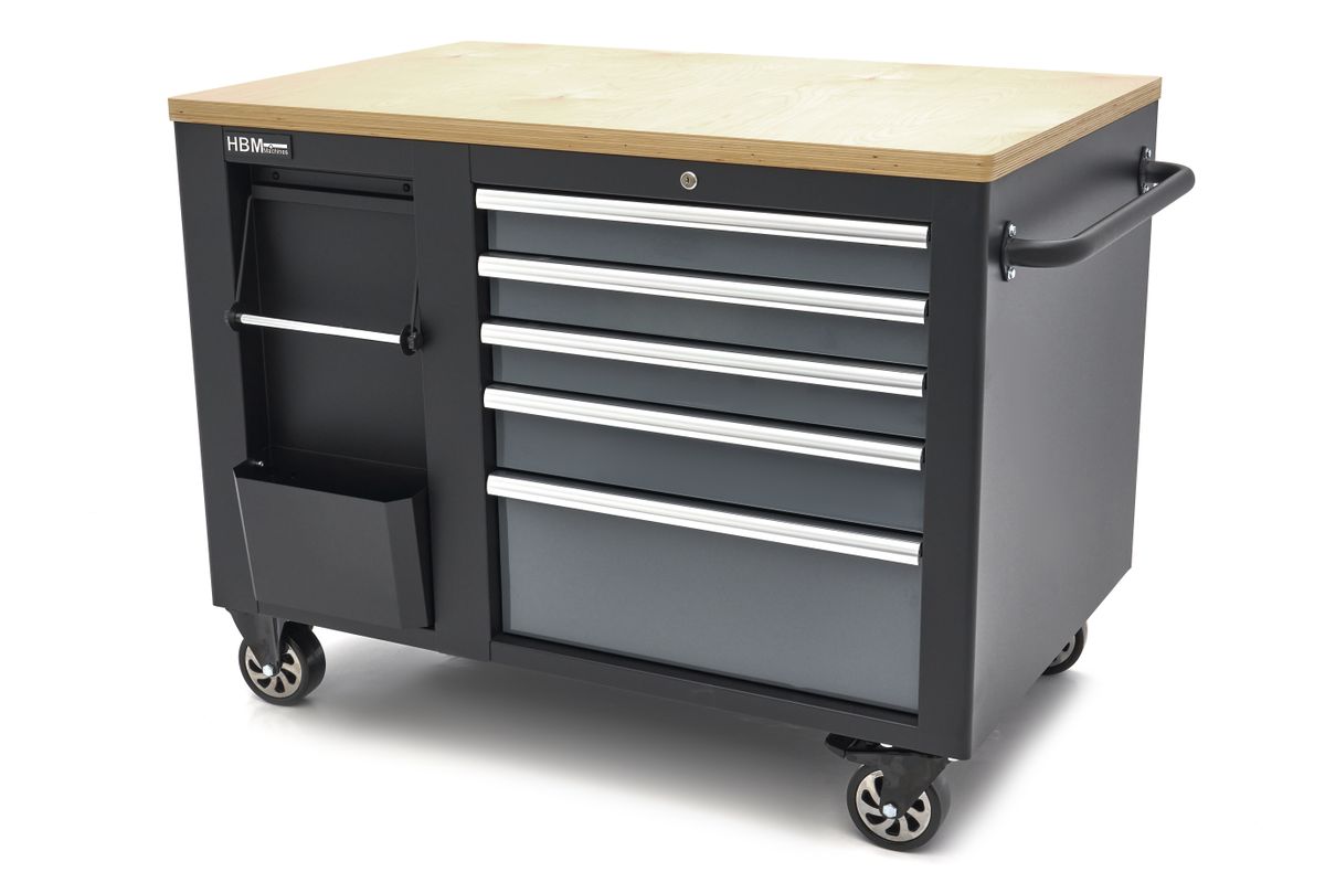Carro de herramientas móvil HBM, banco de trabajo de 114 cm con tablero de trabajo de madera, negro/gris