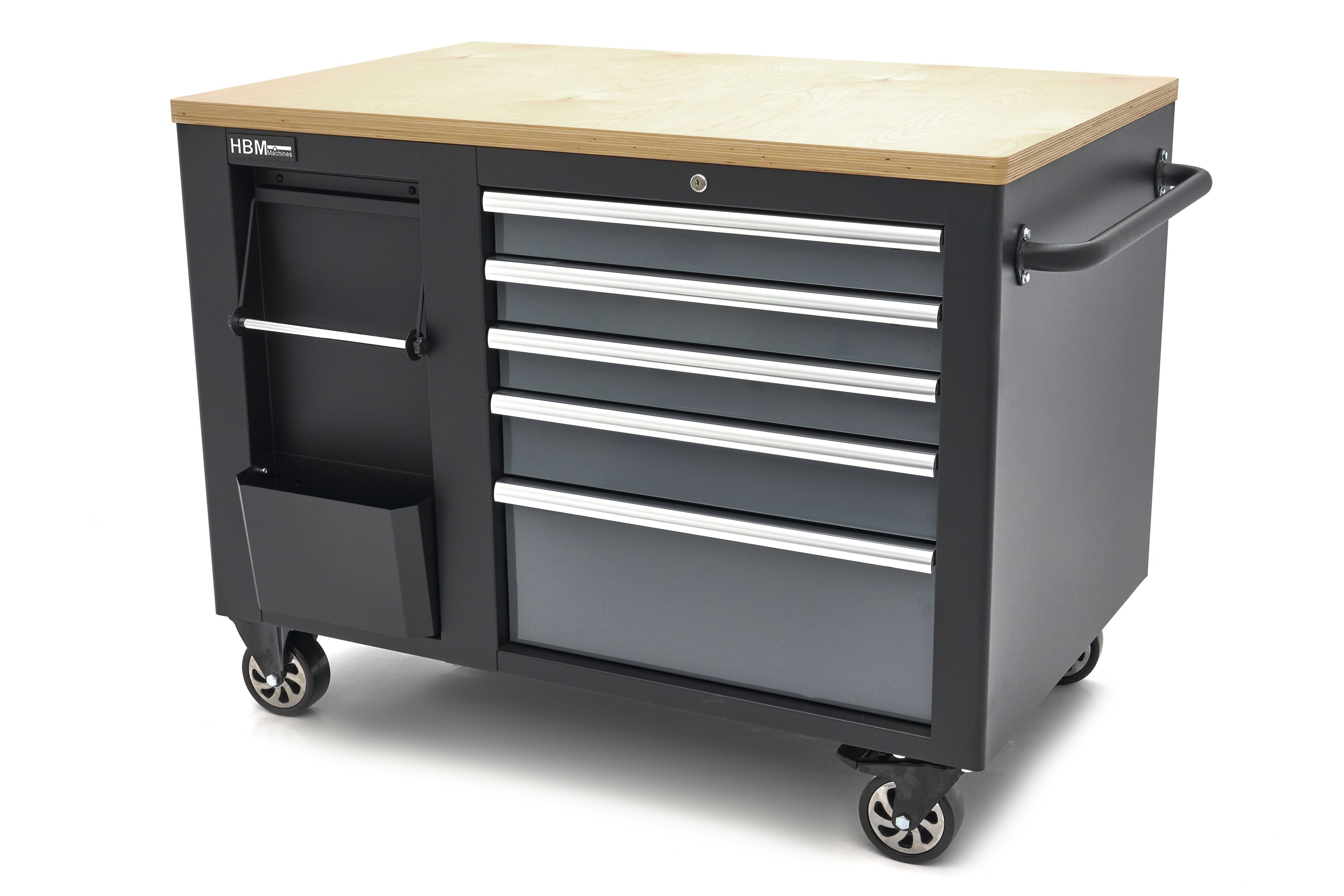 HBM verrijdbare gereedschapswagen, werkbank 114 cm met houten werkblad, zwart/grijs