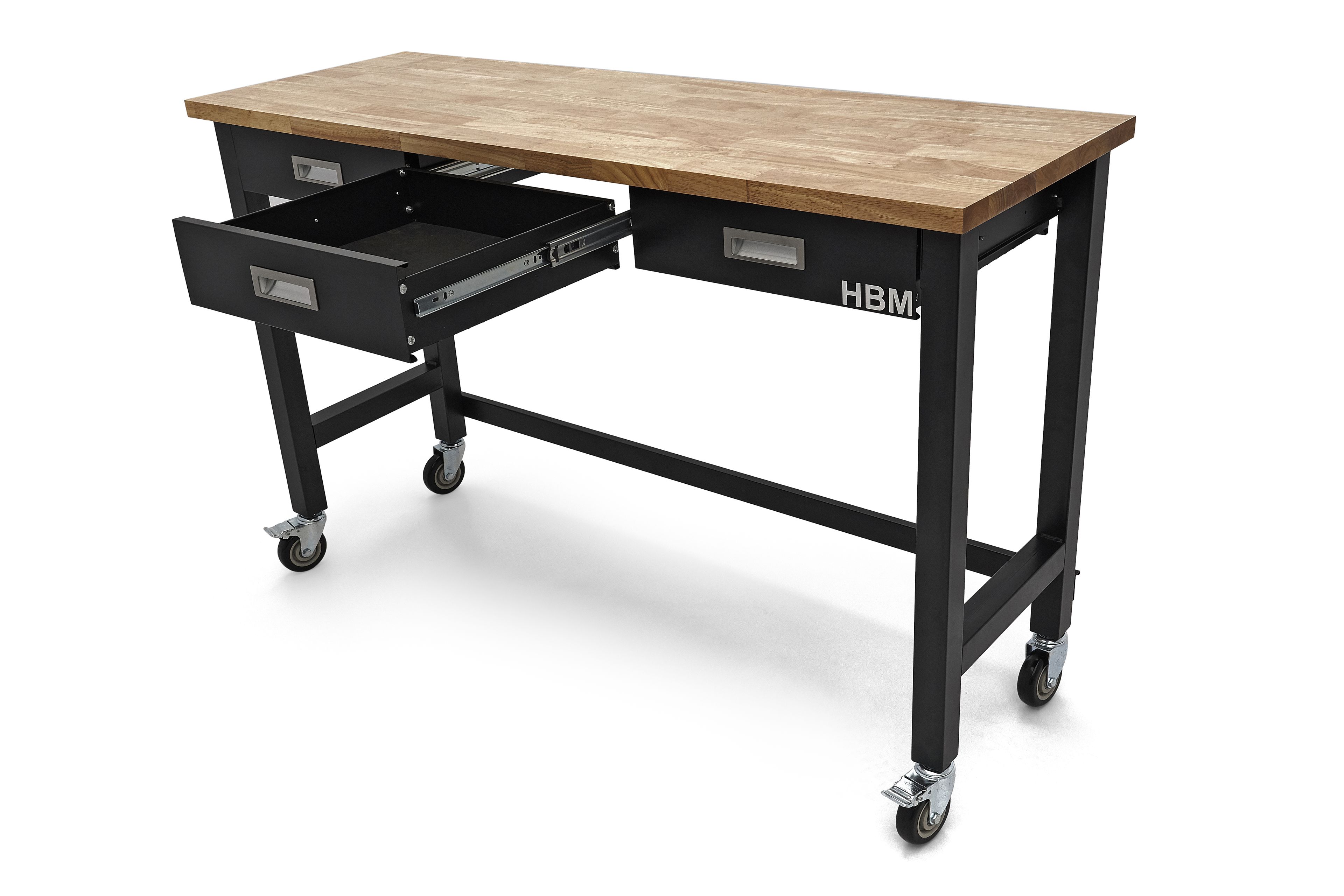HBM werkbank 152 cm verrijdbaar met 3 laden, massief houten werkblad, zwart Image 10