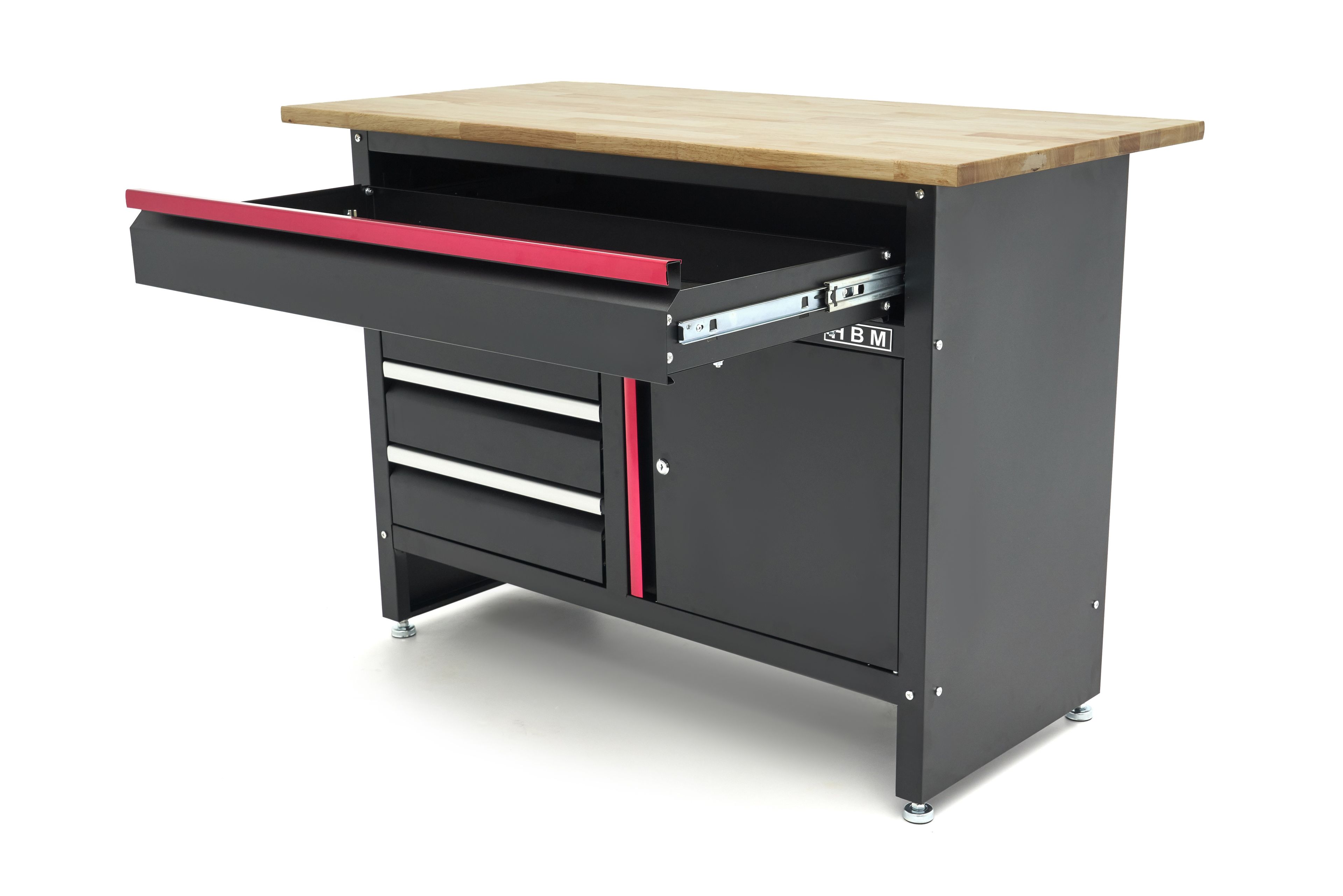 HBM Banco da lavoro da 120 cm con 4 cassetti, 1 anta e piano in legno nero Image 9