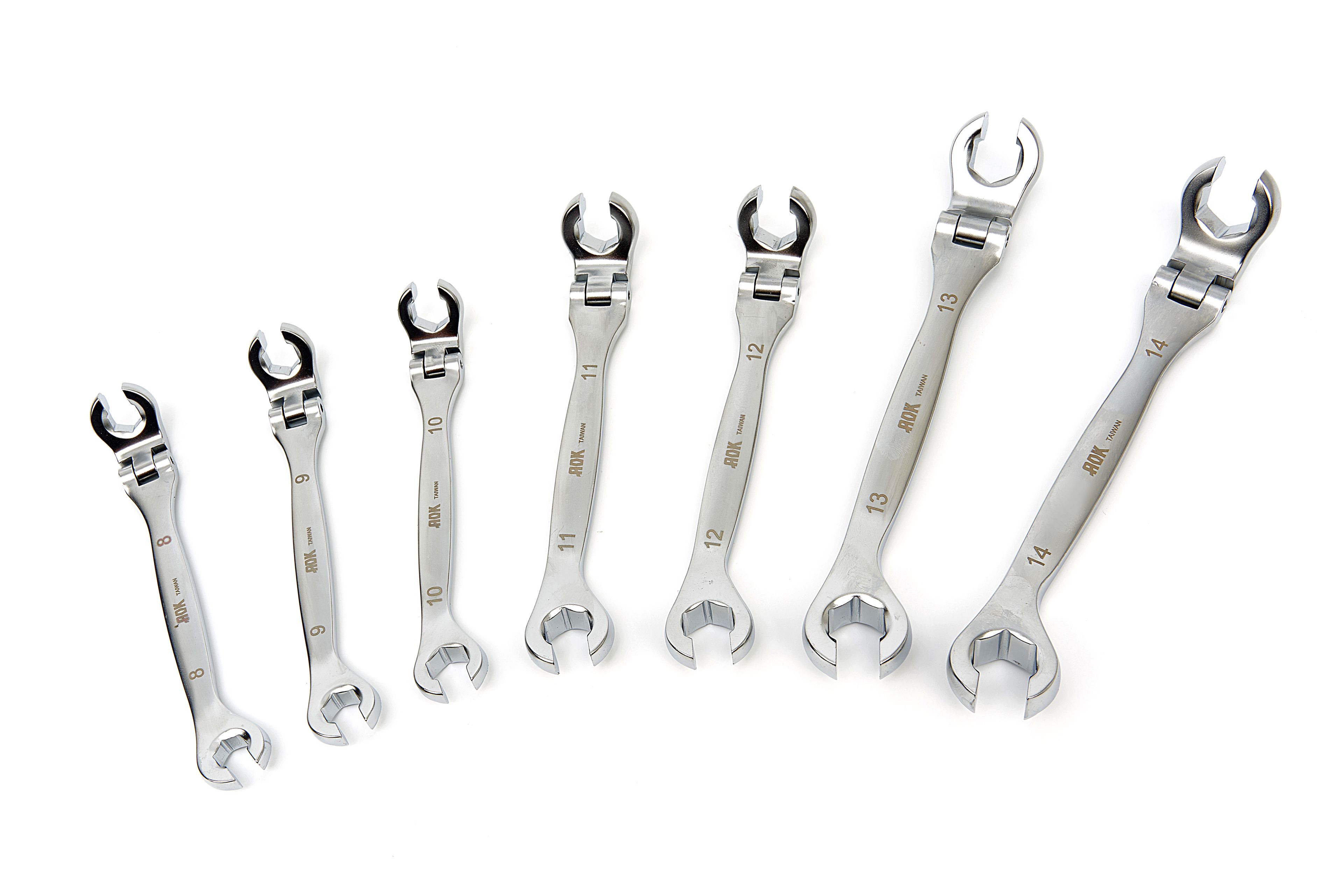 Set di chiavi a anello aperto AOK da 7 pezzi professionale per tubi freni con teste inclinabili