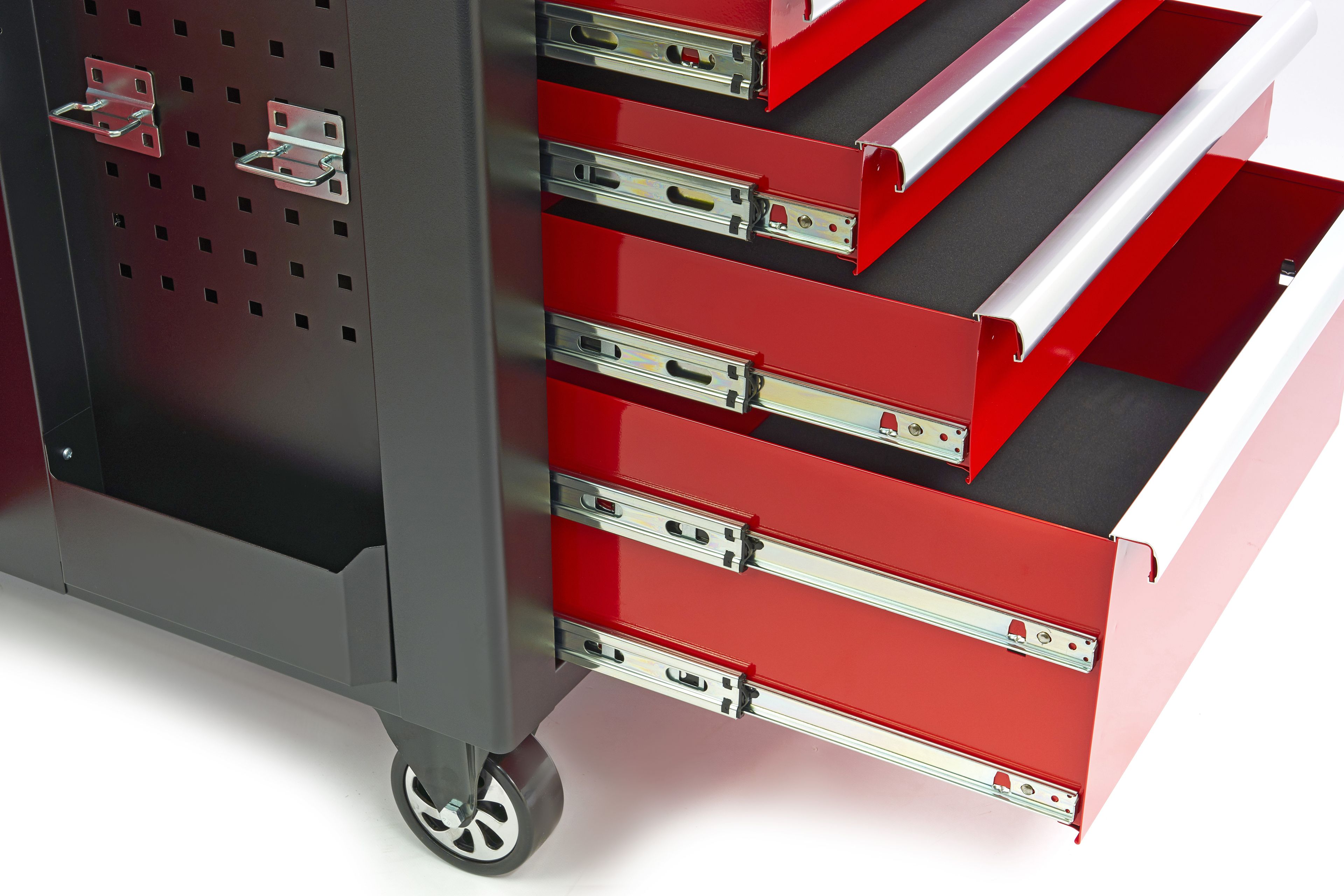 HBM verrijdbare gereedschapswagen, werkbank met houten werkblad 10 laden, rood zwart Image 6