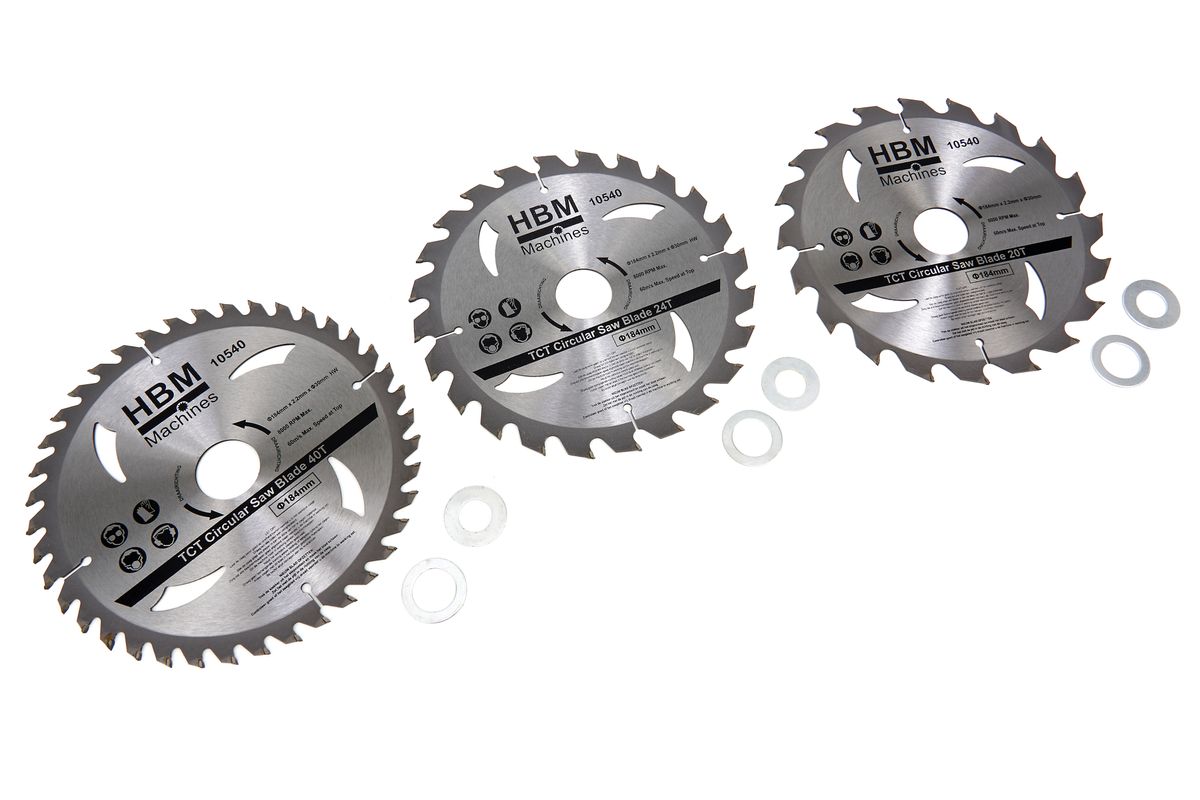 HBM 3 Piezas 184 mm. Juego de hojas de sierra circular Profi con anillos de adaptación