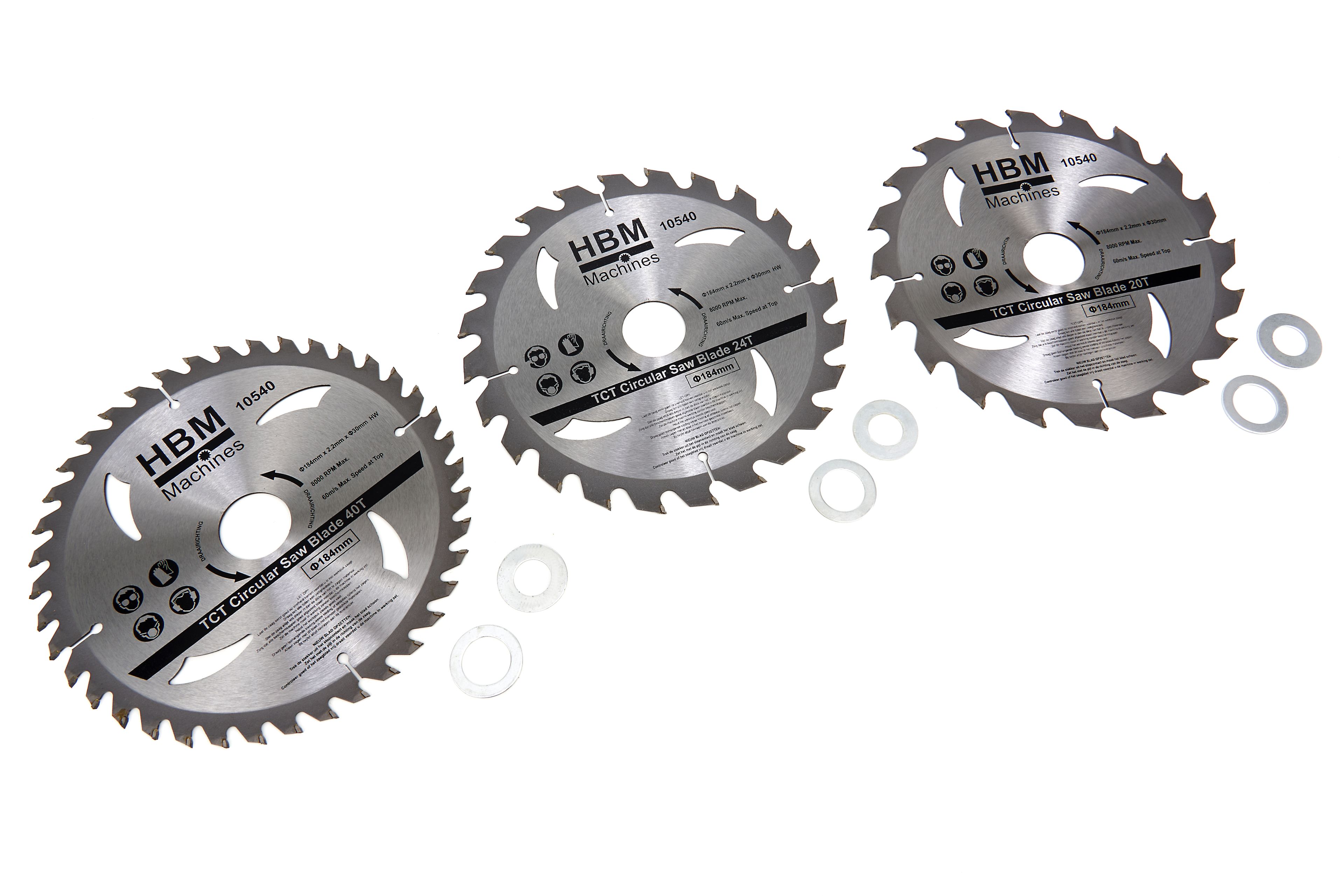 HBM 3 Delige 184 mm. Profi Cirkelzaagbladenset Met Verloopringen