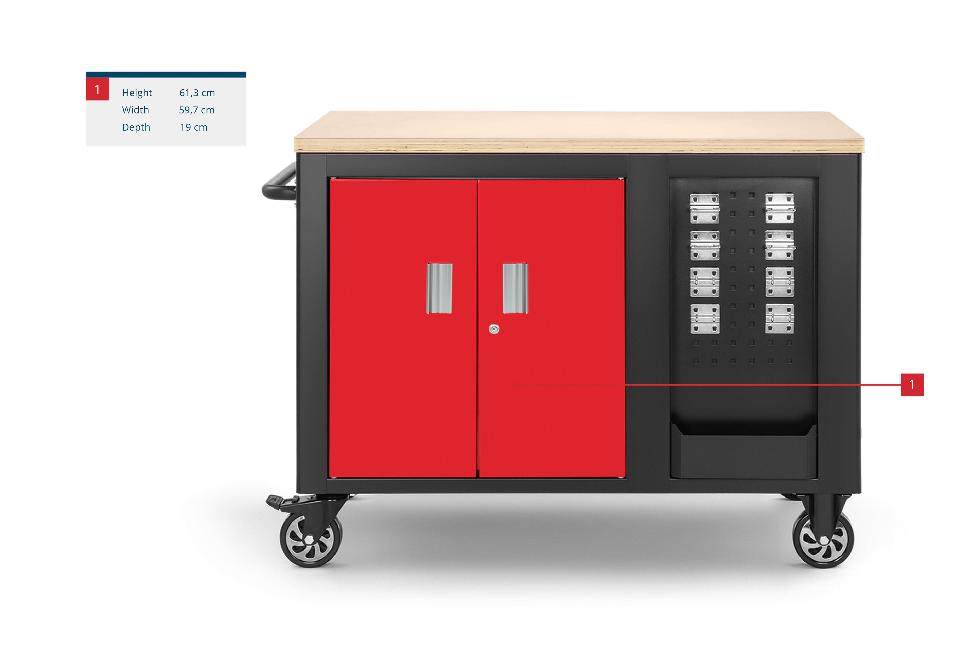HBM fahrbare Werkbank mit Holzplatte und 10 Schubladen, rot-schwarz Image 10