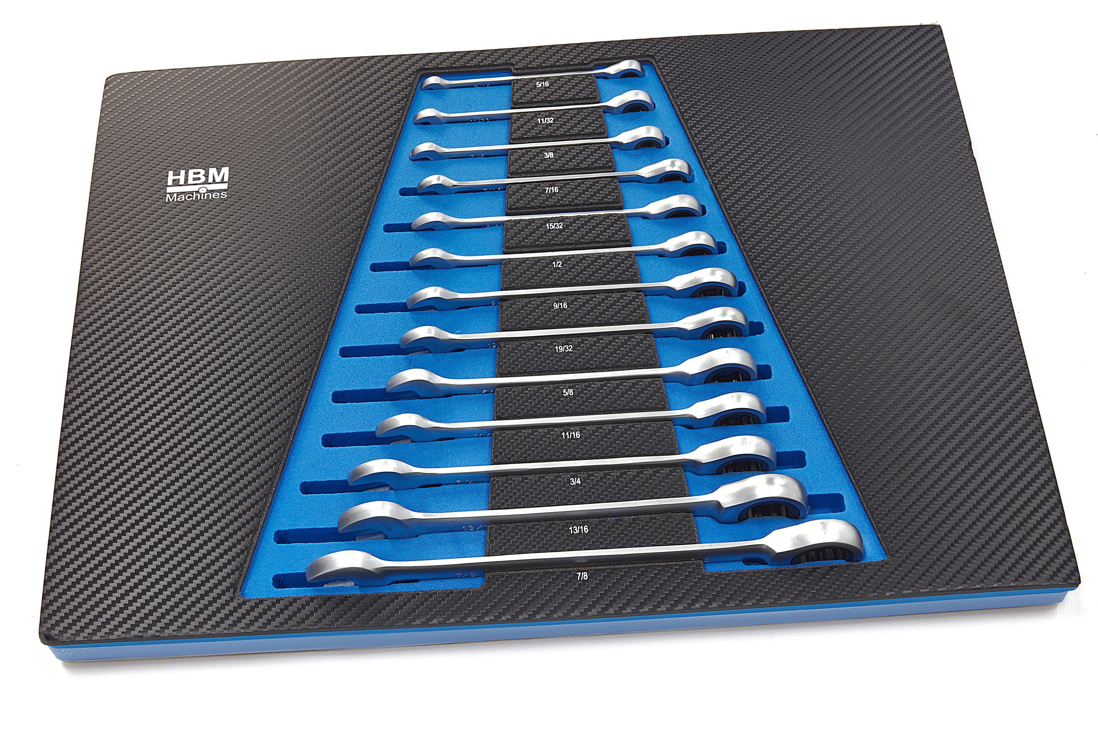 HBM 13-teiliger Ring-, Knarren-, Steckschlüsselsatz INCH in Carobn Schaumstoffeinlage für Werkzeugwagen Image 5
