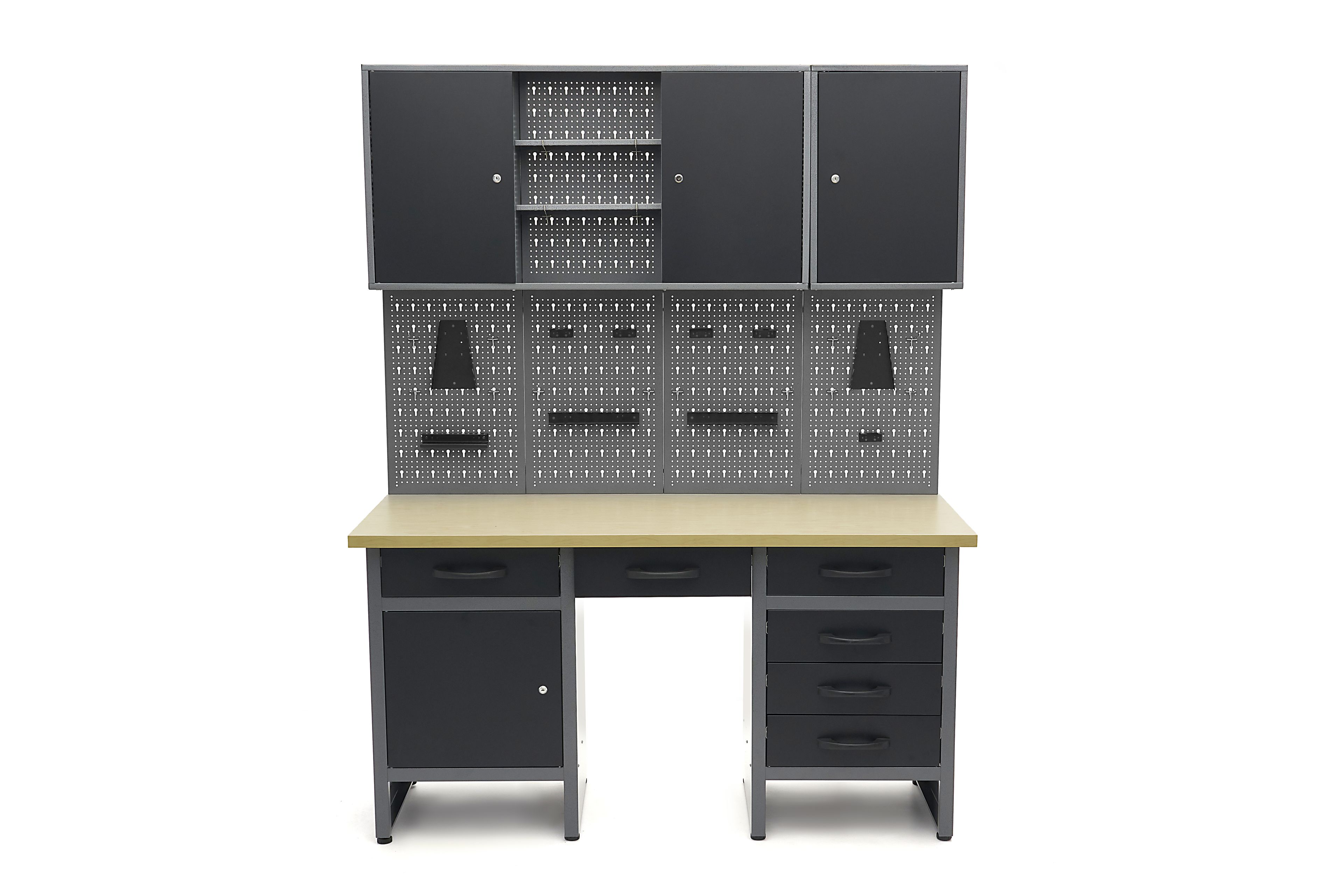 HBM werkbank 160 cm met 6 laden, kastenwand en achterwand, zwart, grijs Image 3