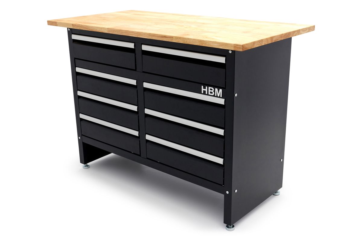 HBM banco de trabajo 120 cm con 8 cajones, encimera de madera maciza, negro