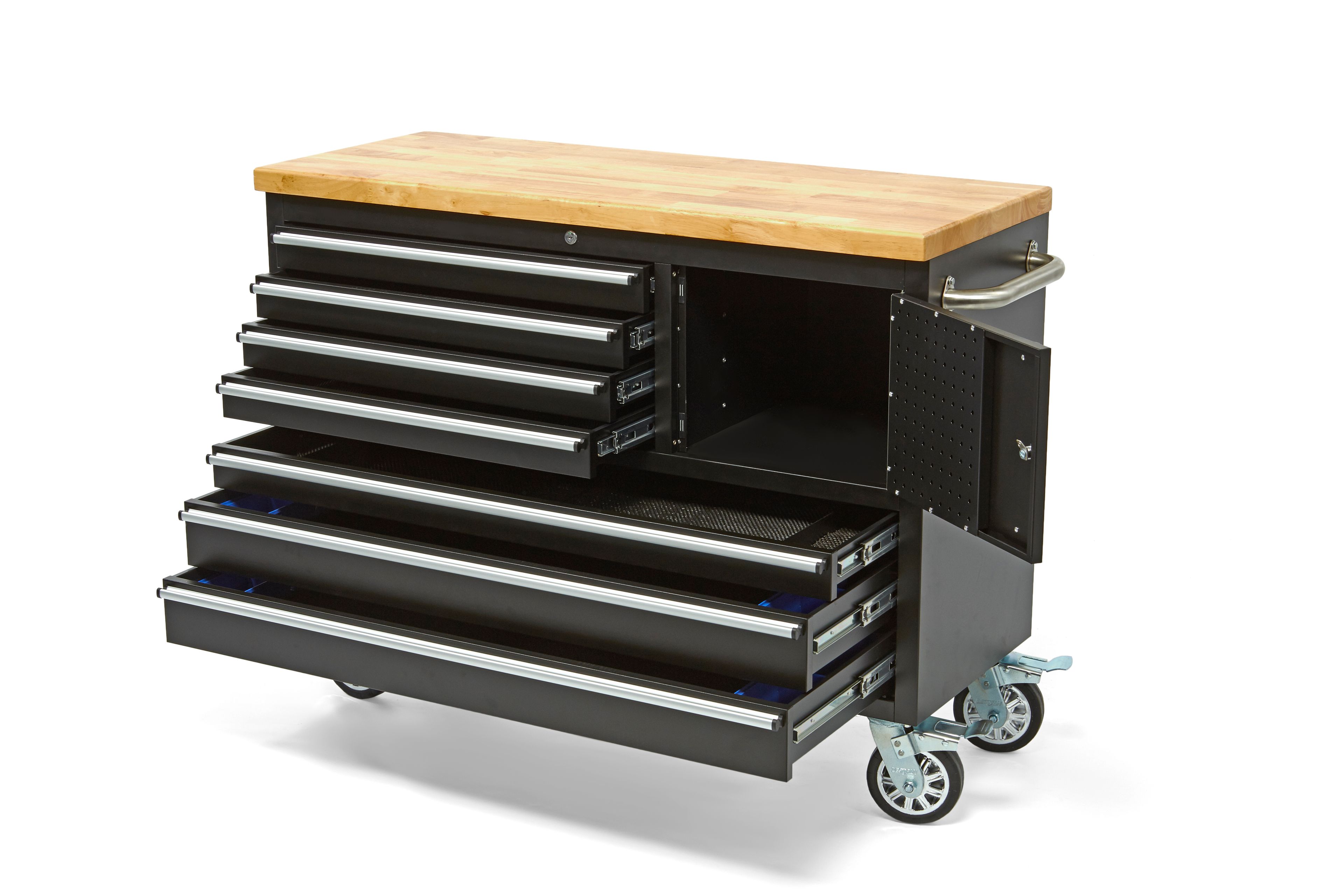 HBM verrijdbare gereedschapswagen, werkbank met houten werkblad 122 cm, zwart Image 3